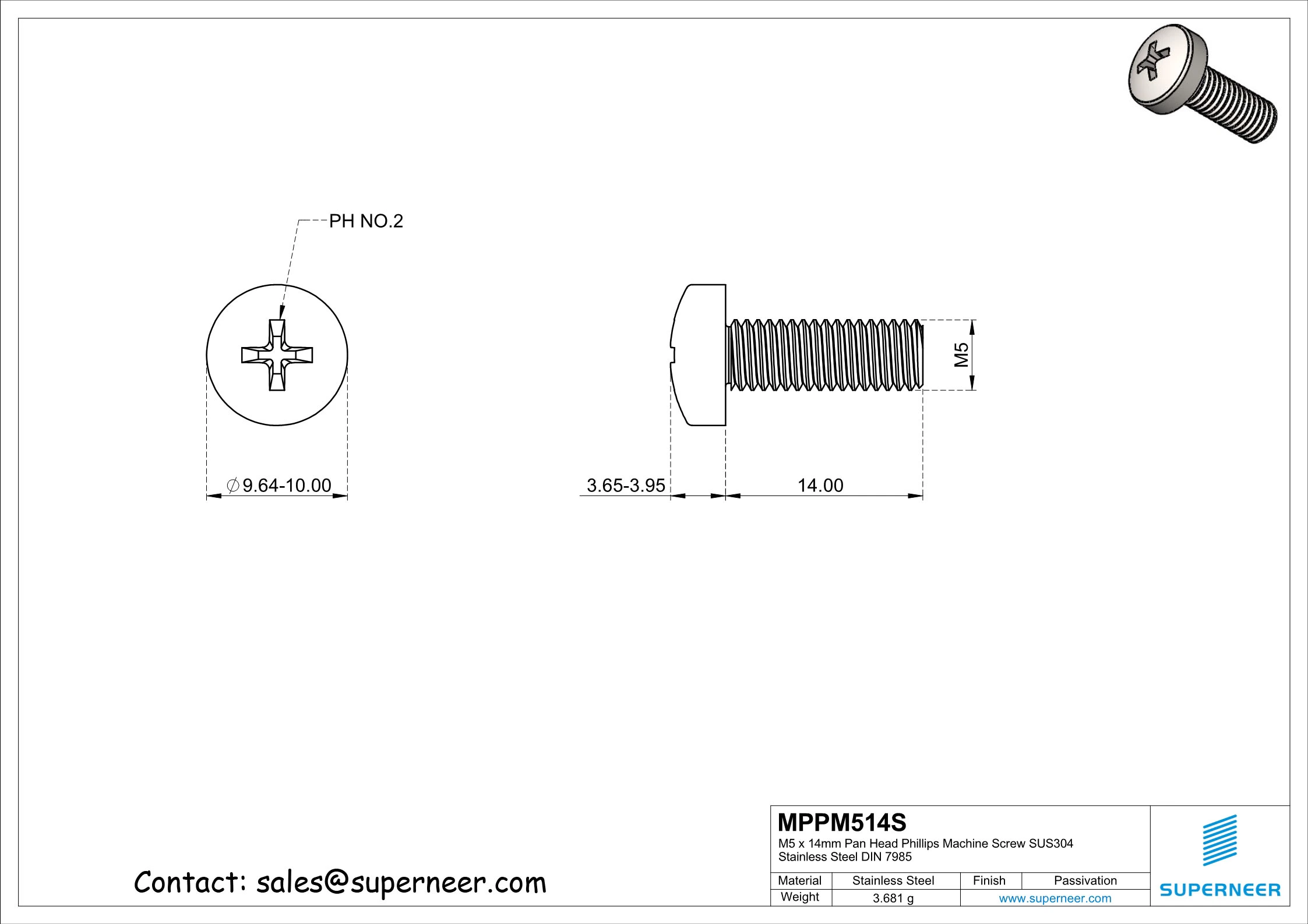 M5 x 14 mm  Pan Head Phillips Machine Screw SUS304 Stainless Steel Inox DIN 7985
