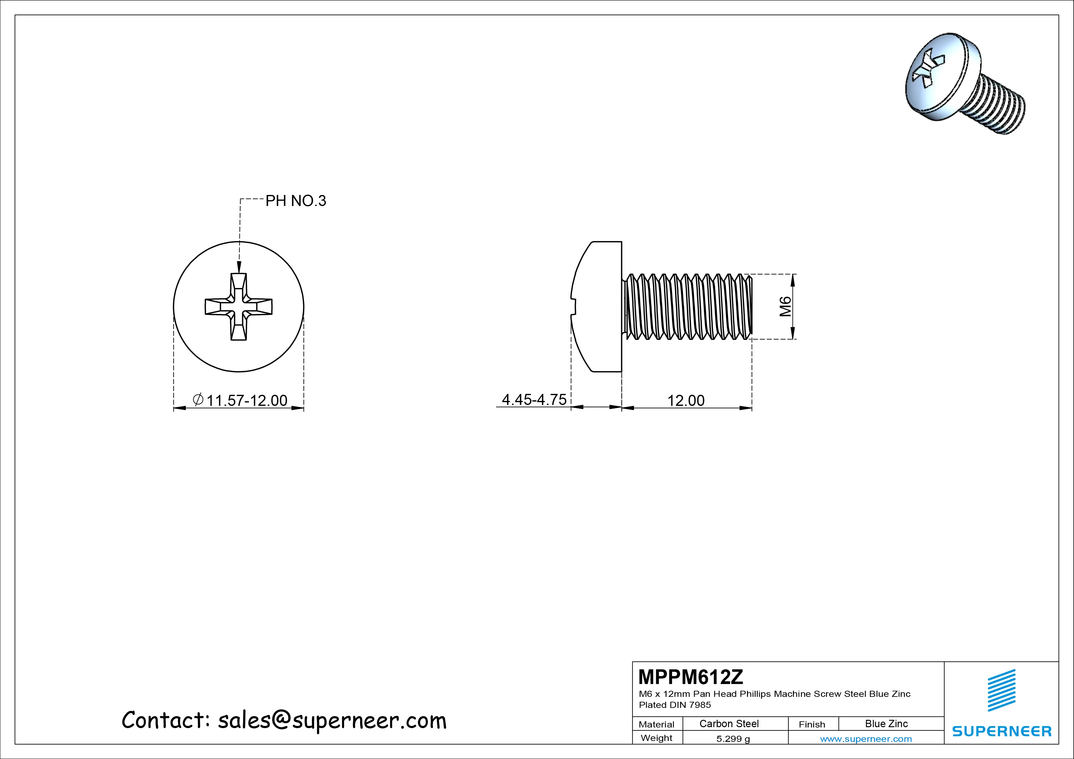 M6 x 12 mm Pan Head Phillips Machine Screw Steel Blue Zinc Plated DIN 7985
