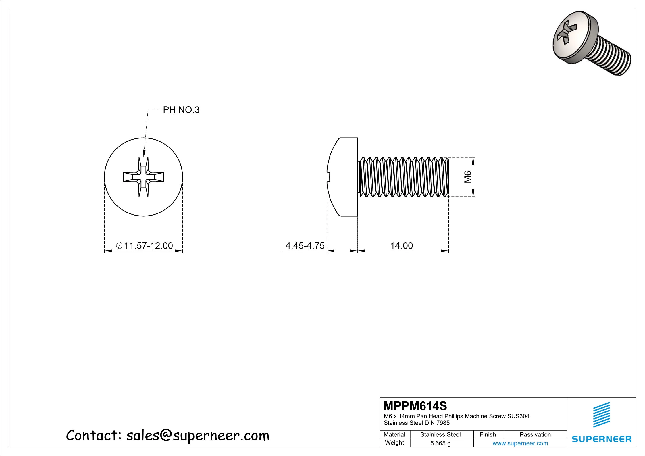 M6 x 14 mm  Pan Head Phillips Machine Screw SUS304 Stainless Steel Inox DIN 7985