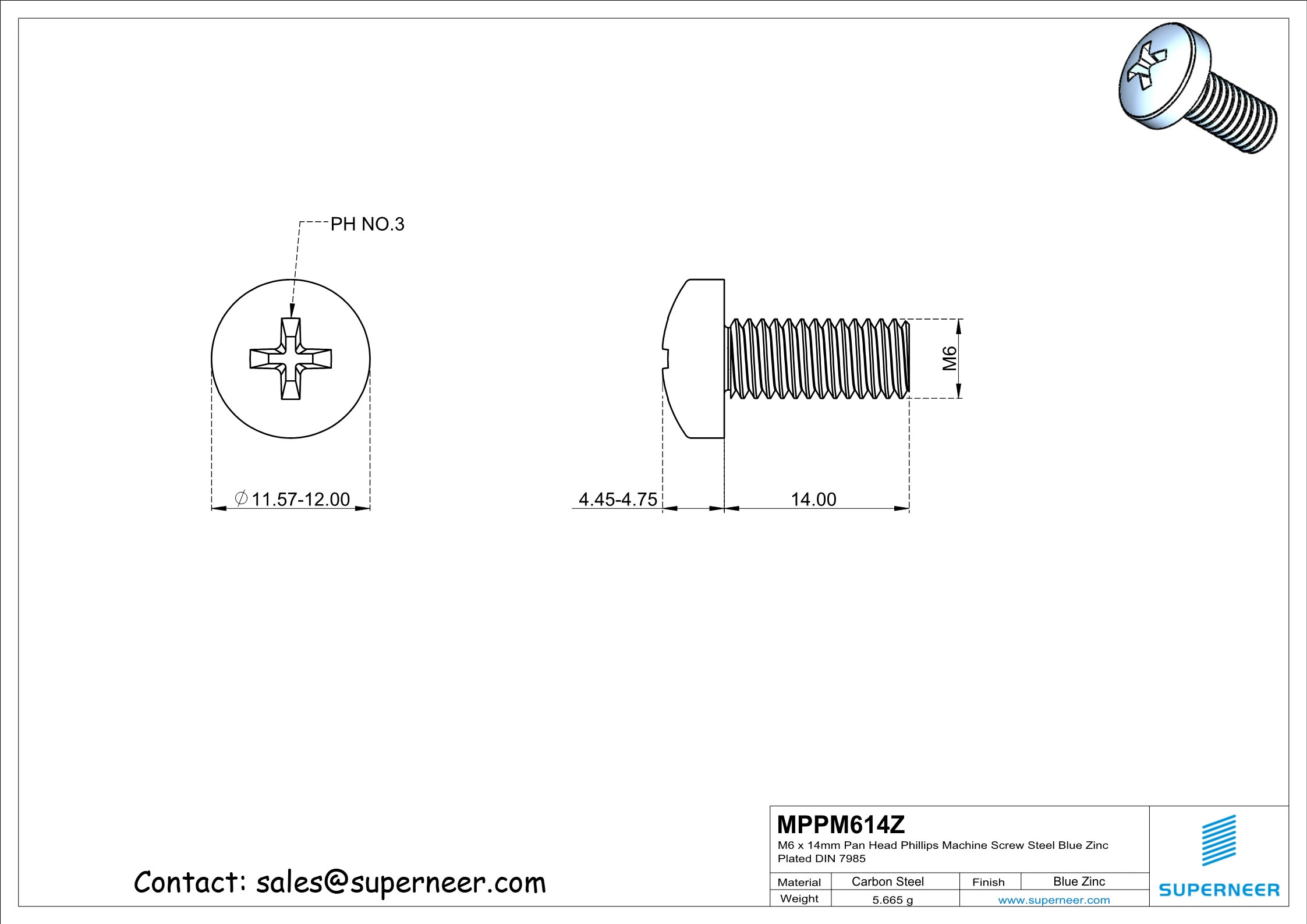 M6 x 14 mm Pan Head Phillips Machine Screw Steel Blue Zinc Plated DIN 7985
