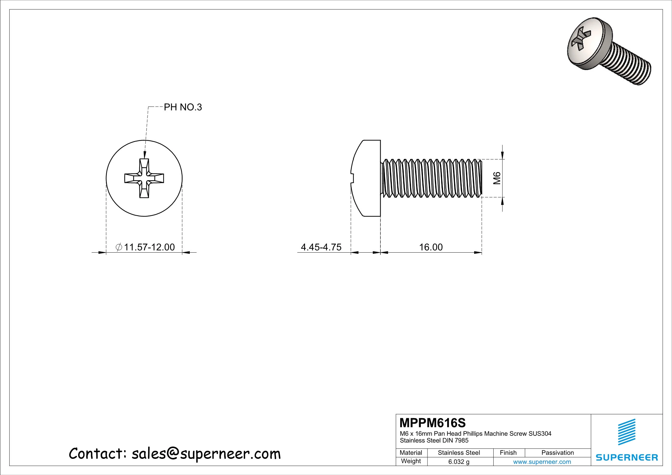 M6 x 16 mm  Pan Head Phillips Machine Screw SUS304 Stainless Steel Inox DIN 7985
