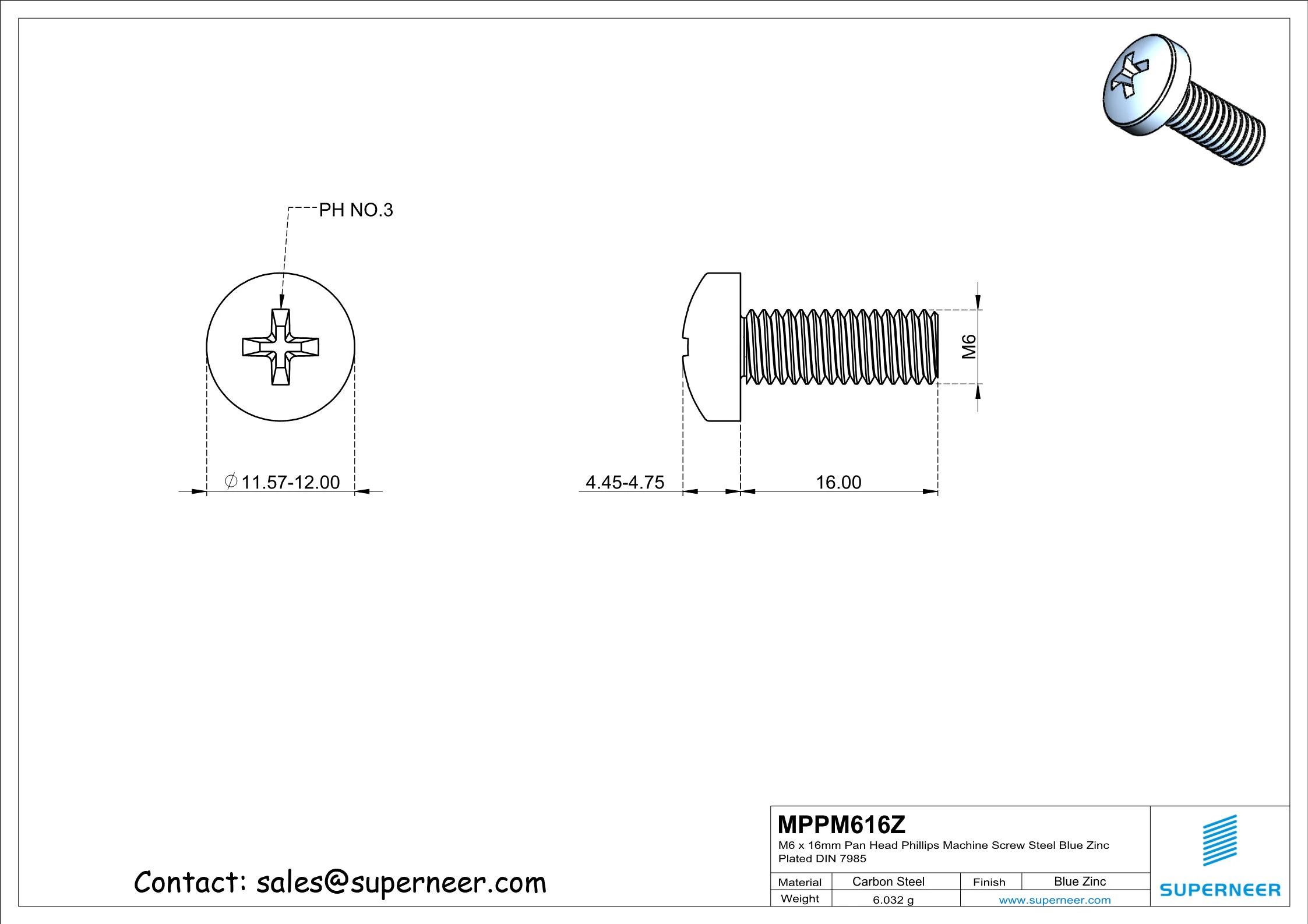 M6 x 16 mm Pan Head Phillips Machine Screw Steel Blue Zinc Plated DIN 7985