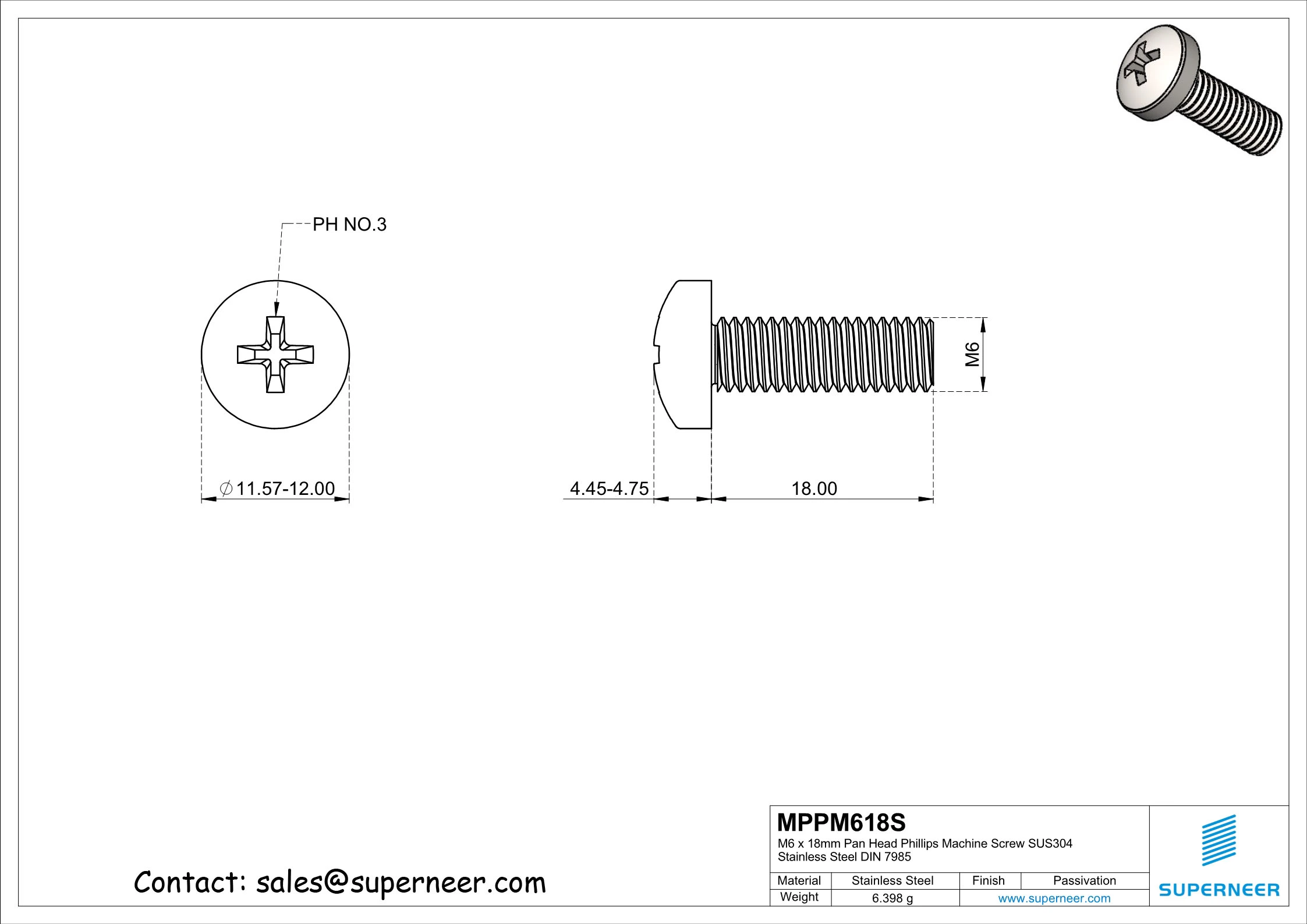 M6 x 18 mm Phillips Pan Head Screw SUS304 Stainless Steel Inox DIN 7985