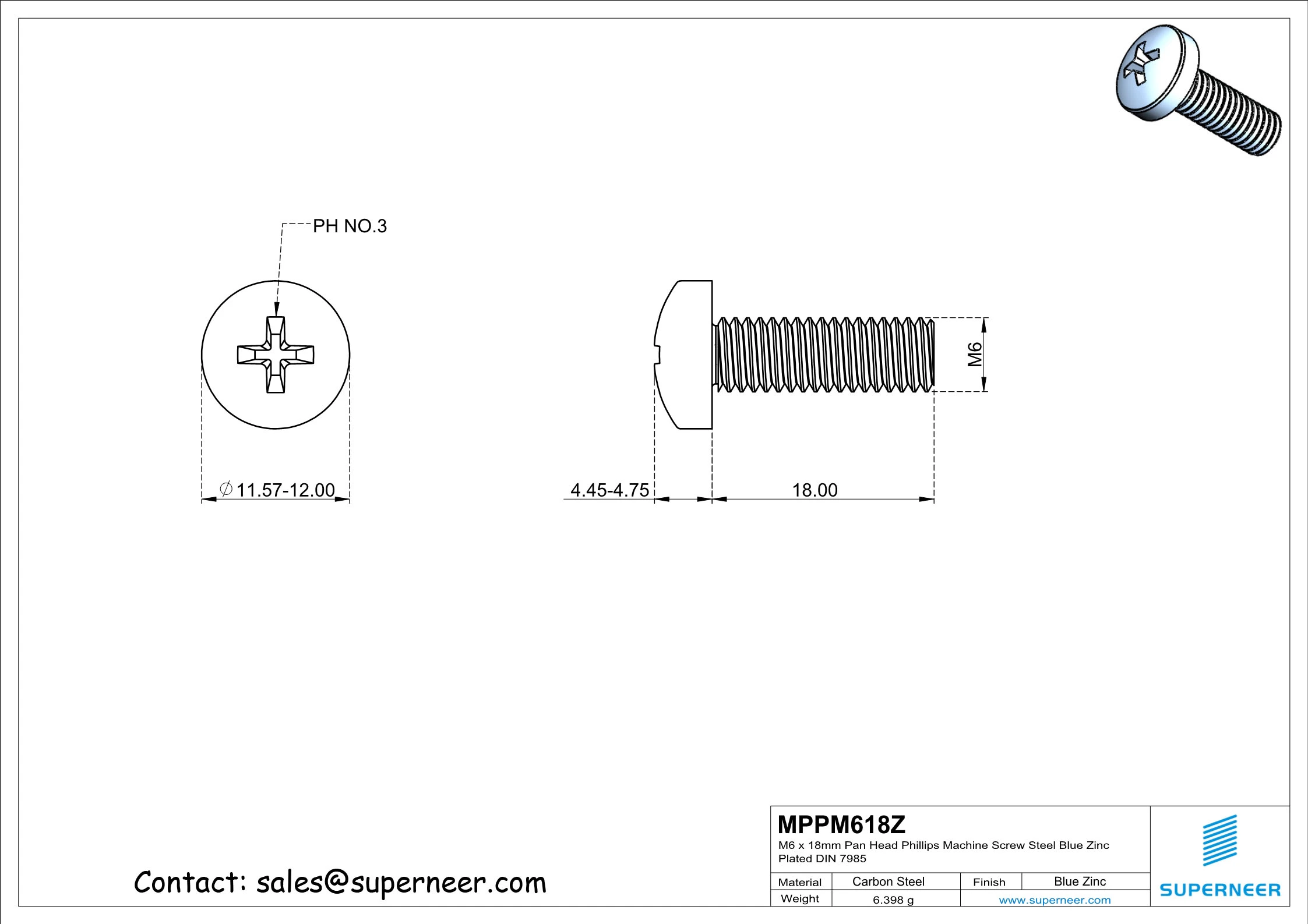 M6 x 18 mm Pan Head Phillips Machine Screw Steel Blue Zinc Plated DIN 7985