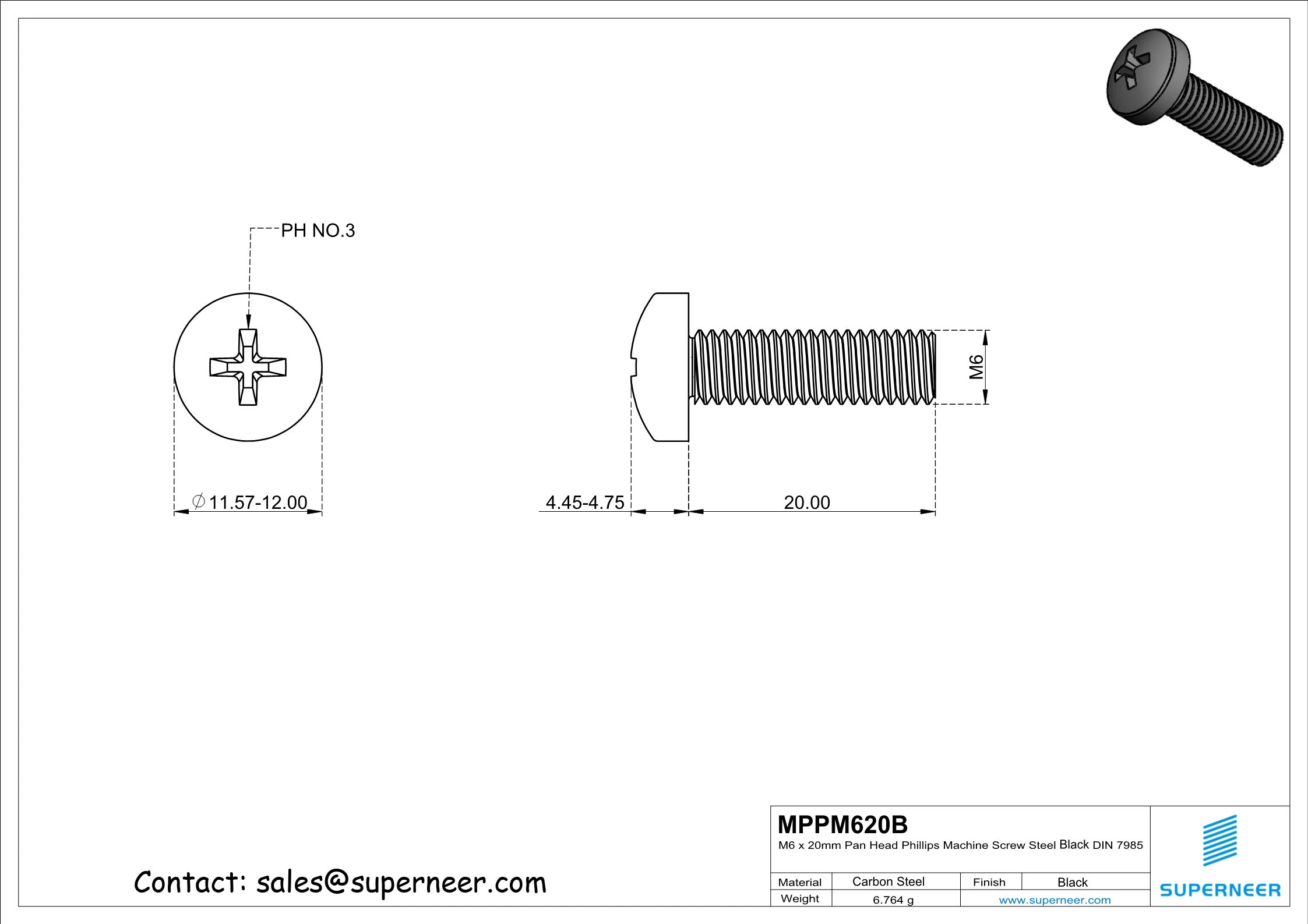 M6 x 20 mm Pan Head Phillips Machine Screw Steel Black DIN 7985
