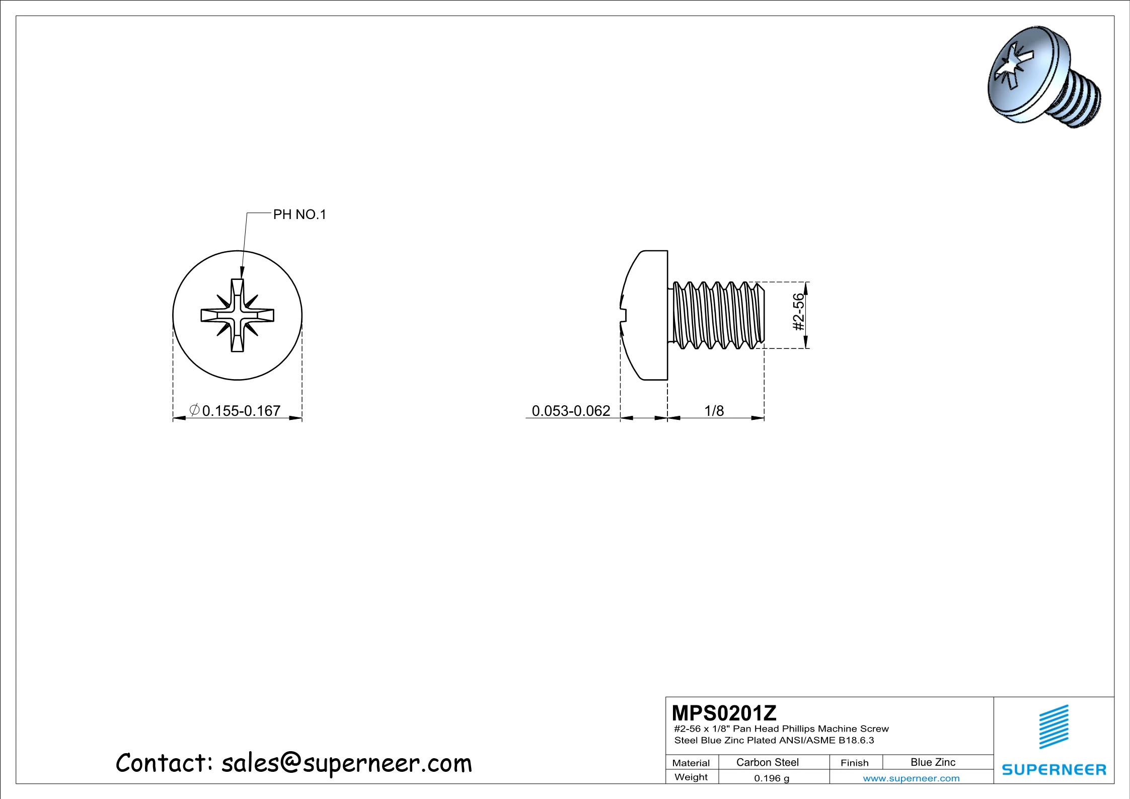 2-56 x 1/8" Pan Head Pozi Machine Screw Steel Blue Zinc Plated ANSI/ASME B18.6.3