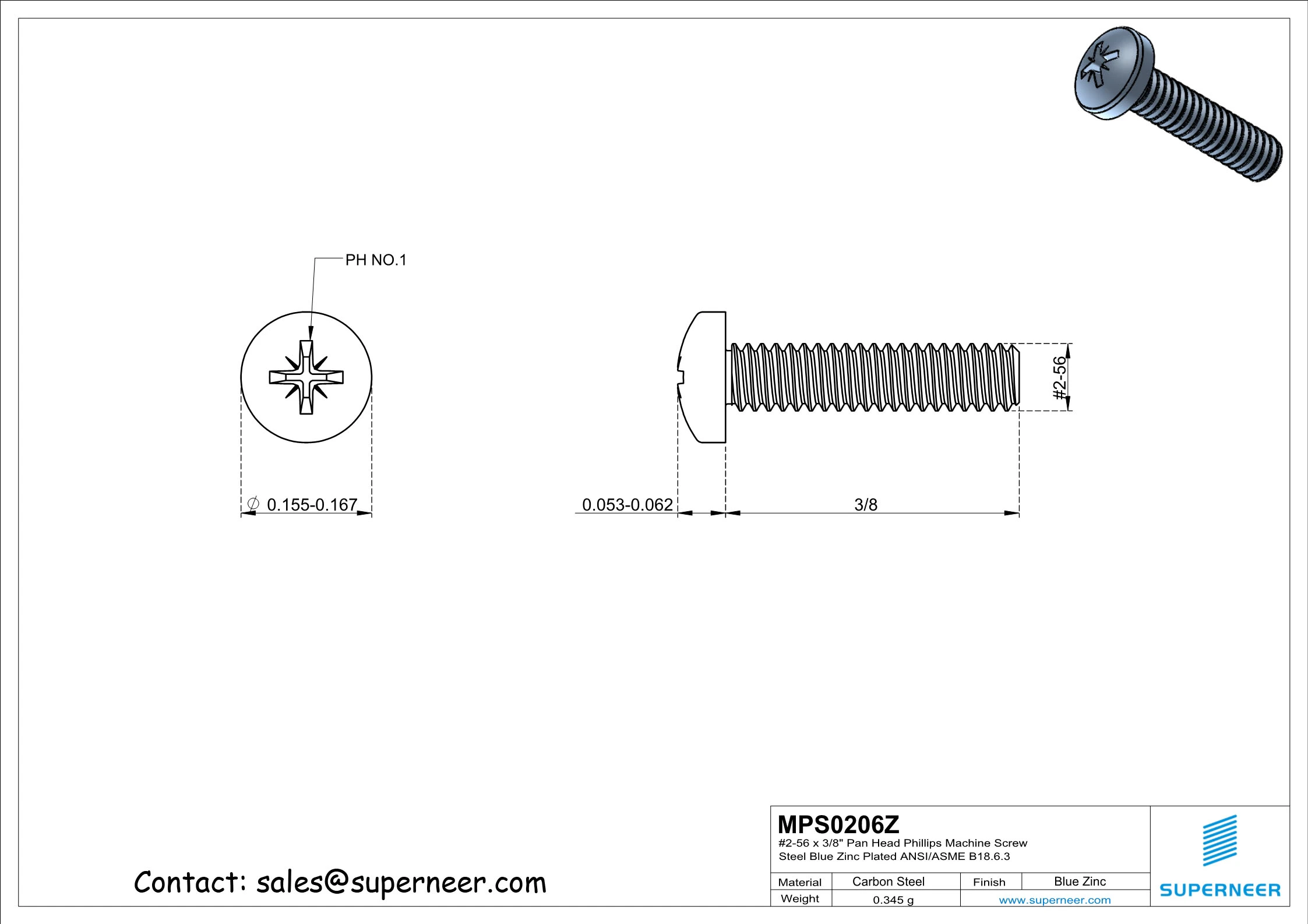 2-56 x 3/8" Pan Head Pozi Machine Screw Steel Blue Zinc Plated ANSI/ASME B18.6.3