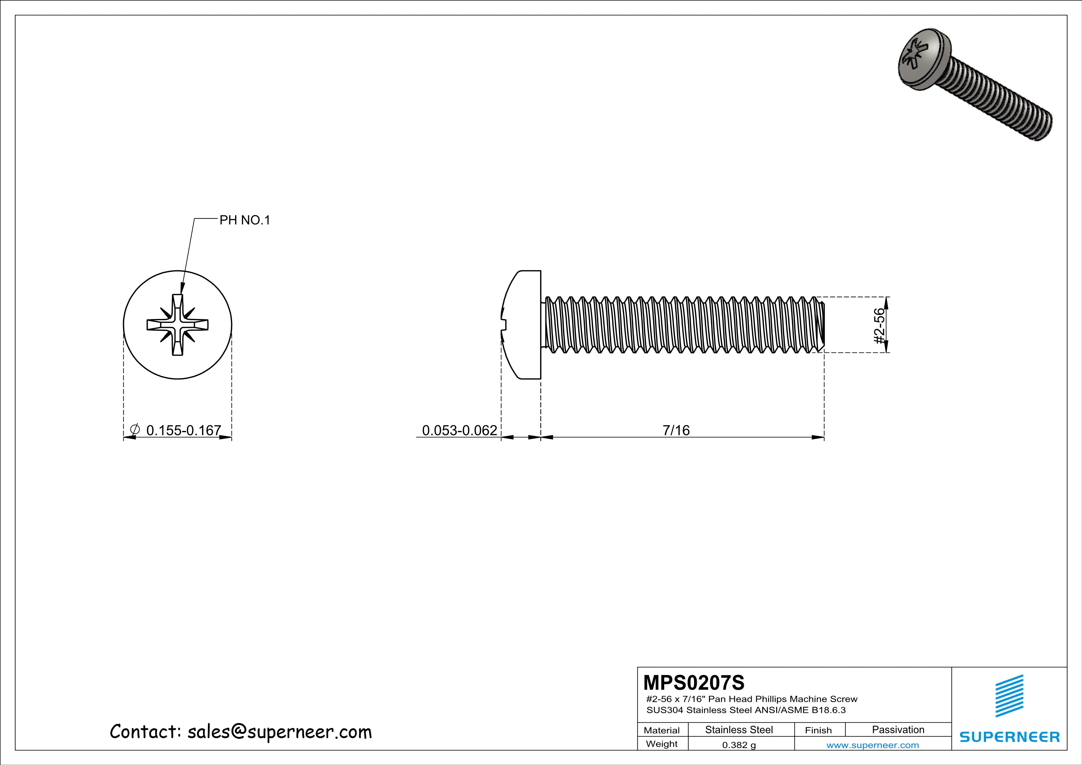 2-56 x 7/16" Pan Head Pozi Machine Screw SUS304 Stainless Steel Inox ANSI/ASME B18.6.3