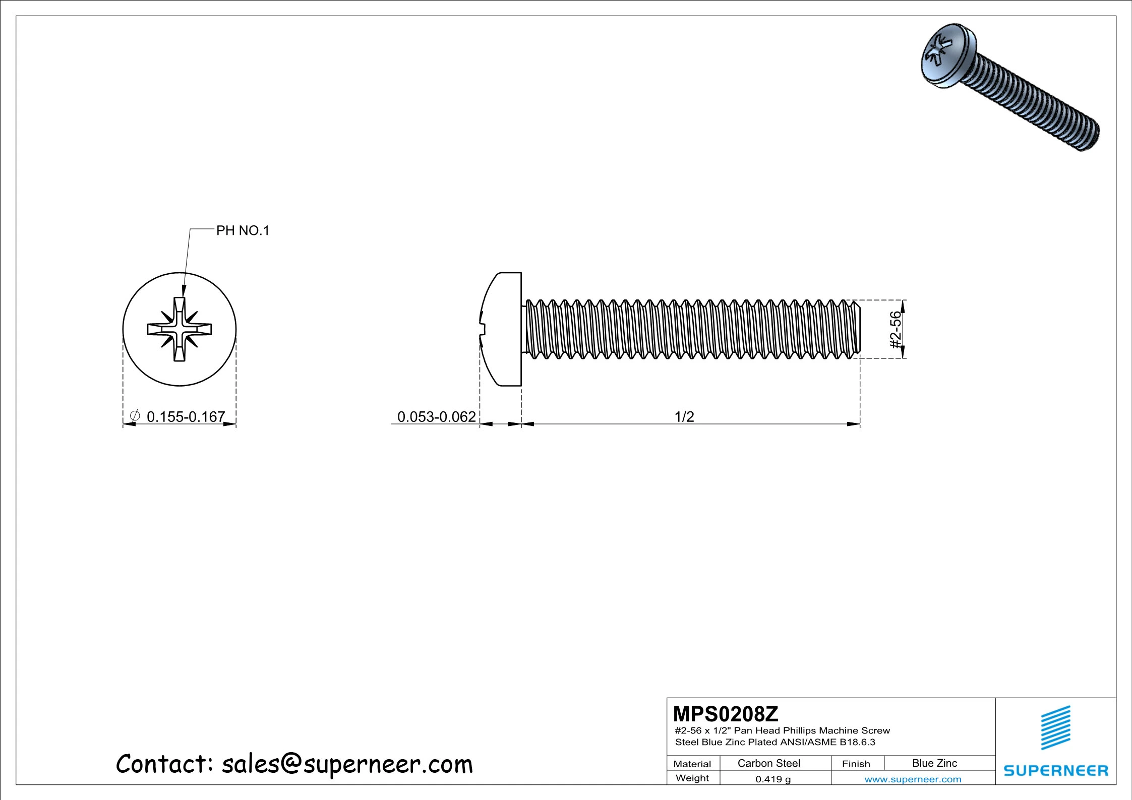 2-56 x 1/2" Pan Head Pozi Machine Screw Steel Blue Zinc Plated ANSI/ASME B18.6.3
