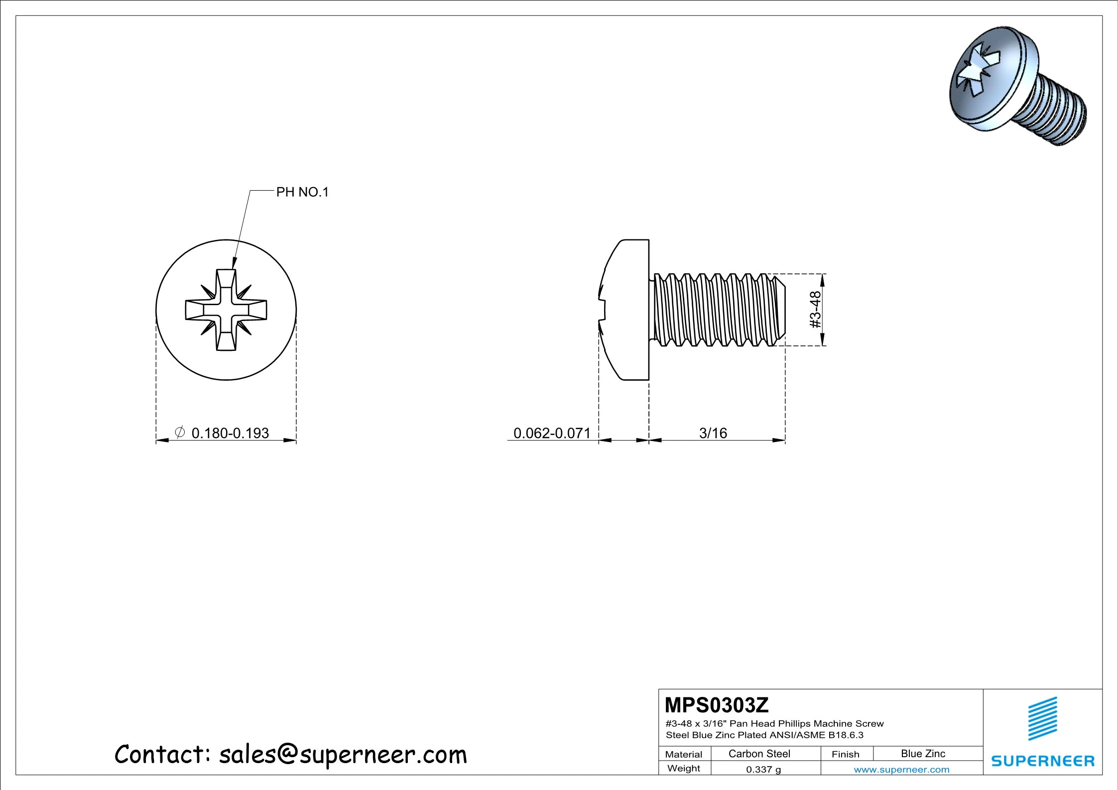 3-48 x 3/16" Pan Head Pozi Machine Screw Steel Blue Zinc Plated ANSI/ASME B18.6.3