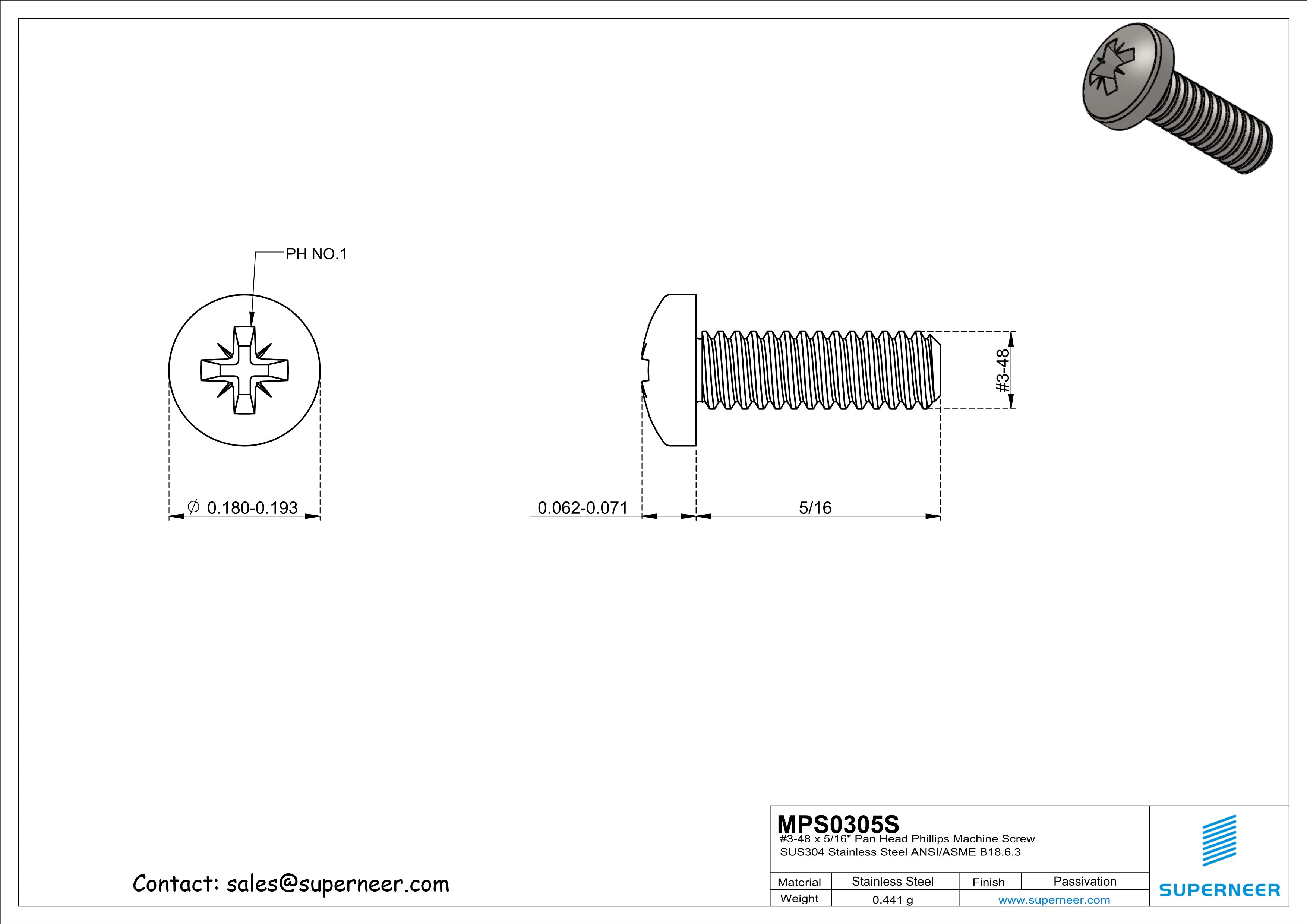 3-48 x 5/16" Pan Head Pozi Machine Screw SUS304 Stainless Steel Inox ANSI/ASME B18.6.3