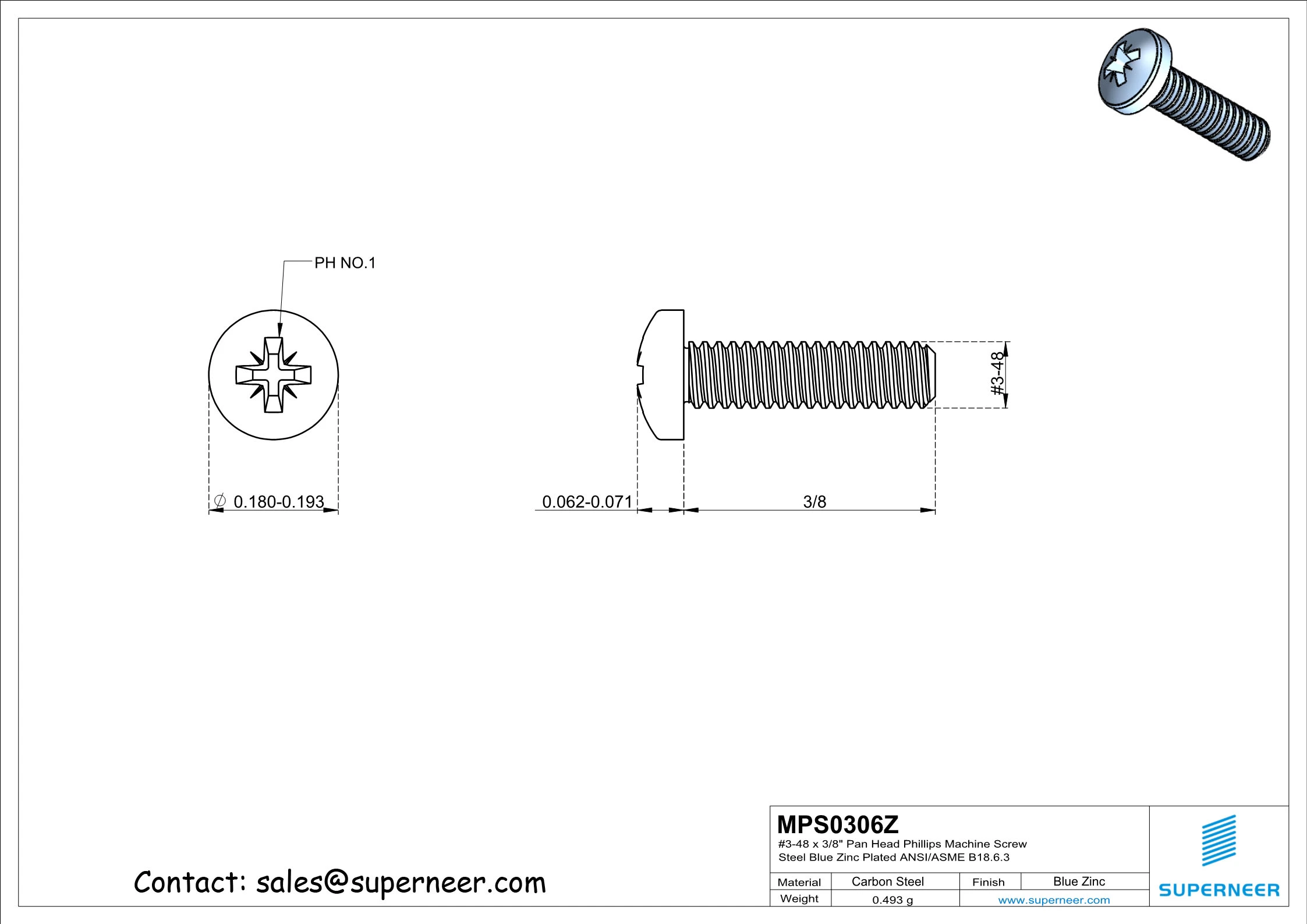 3-48 x 3/8" Pan Head Pozi Machine Screw Steel Blue Zinc Plated ANSI/ASME B18.6.3