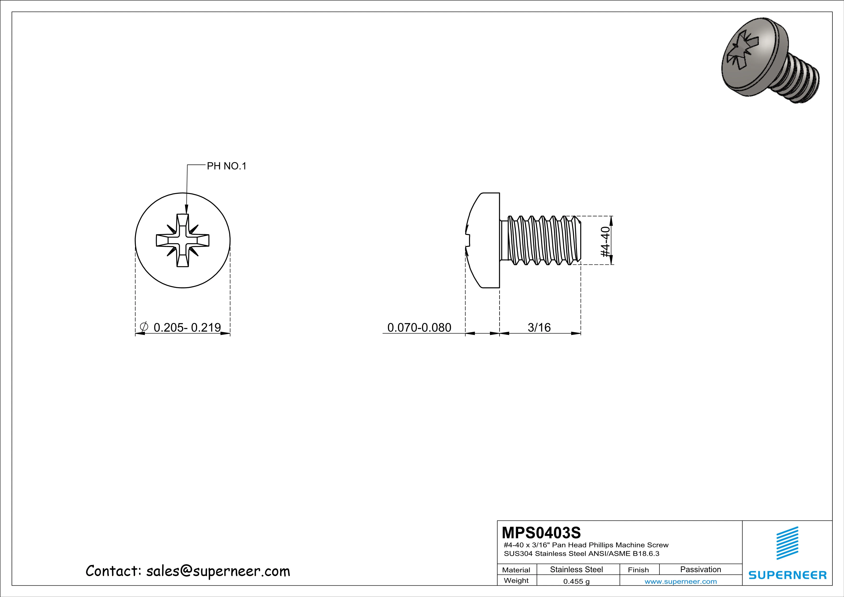 4-40 x 3/16" Pan Head Pozi Machine Screw SUS304 Stainless Steel Inox ANSI/ASME B18.6.3