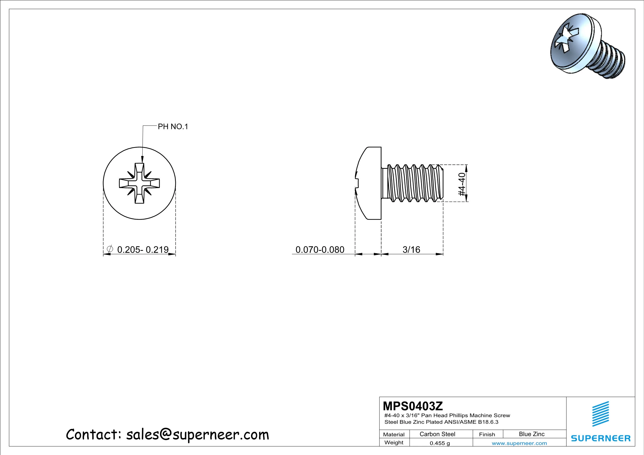 4-40 x 3/16" Pan Head Pozi Machine Screw Steel Blue Zinc Plated ANSI/ASME B18.6.3