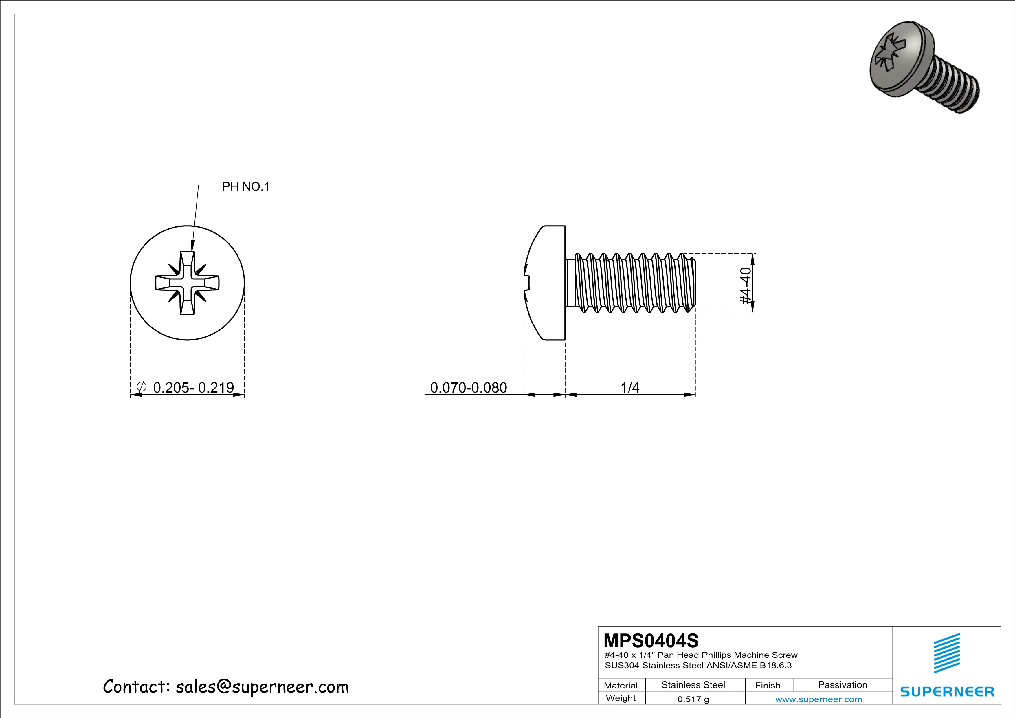 4-40 x 1/4" Pan Head Pozi Machine Screw SUS304 Stainless Steel Inox ANSI/ASME B18.6.3