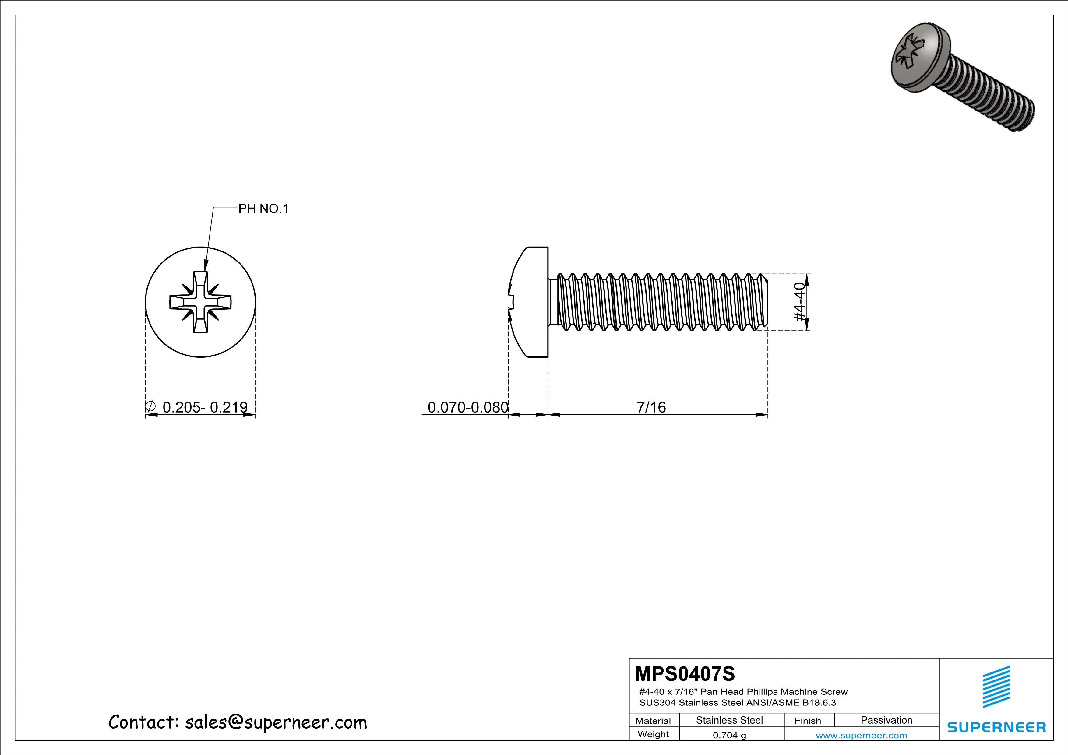 4-40 x 7/16" Pan Head Pozi Machine Screw  SUS304 Stainless Steel Inox  ANSI/ASME B18.6.3