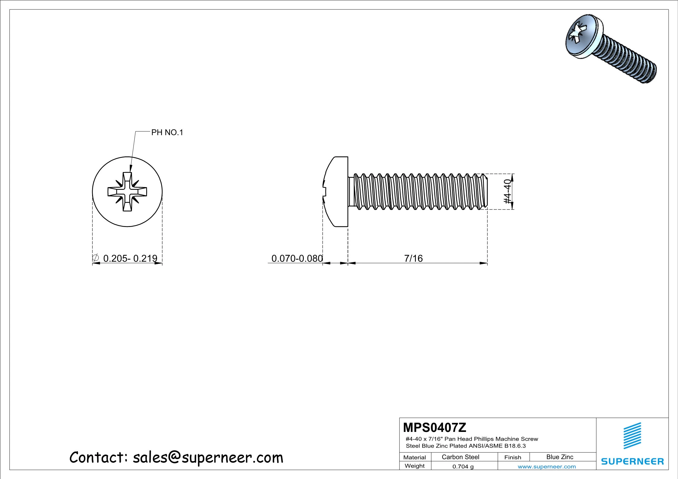 4-40 x 7/16" Pan Head Pozi Machine Screw Steel Blue Zinc Plated ANSI/ASME B18.6.3