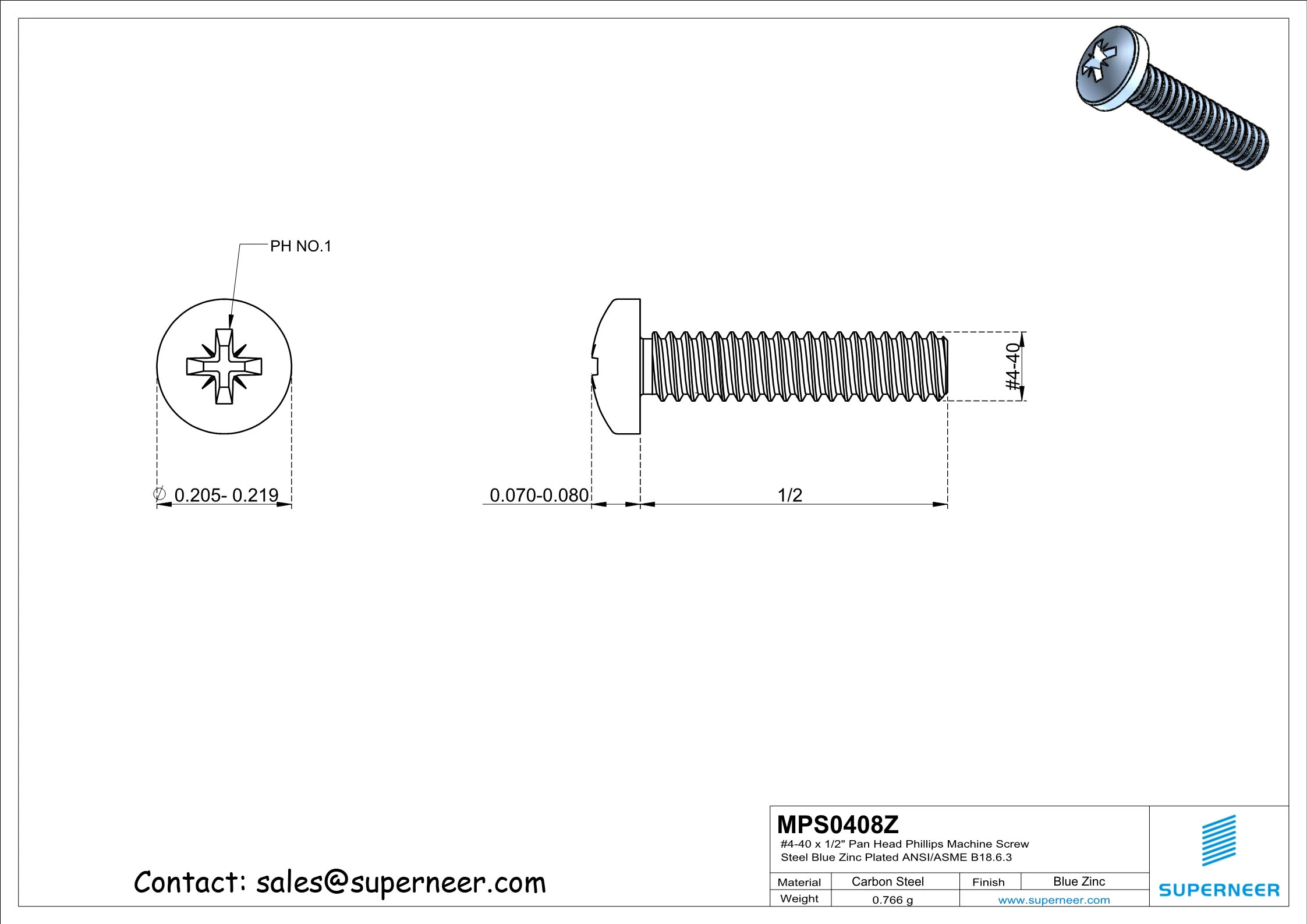 4-40 x 1/2" Pan Head Pozi Machine Screw Steel Blue Zinc Plated ANSI/ASME B18.6.3