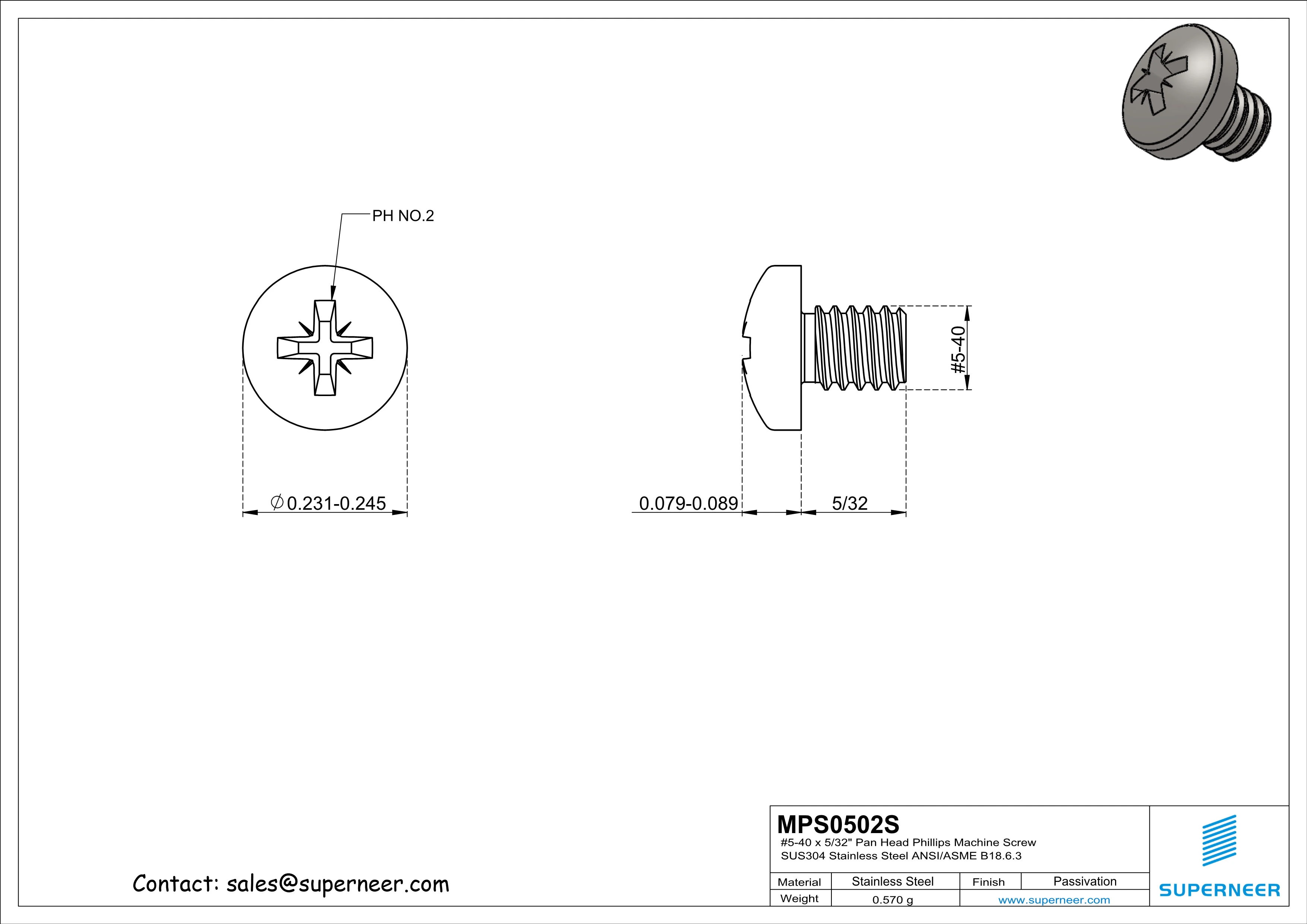 5-40 x 5/32" Pan Head Pozi Machine Screw SUS304 Stainless Steel Inox ANSI/ASME B18.6.3