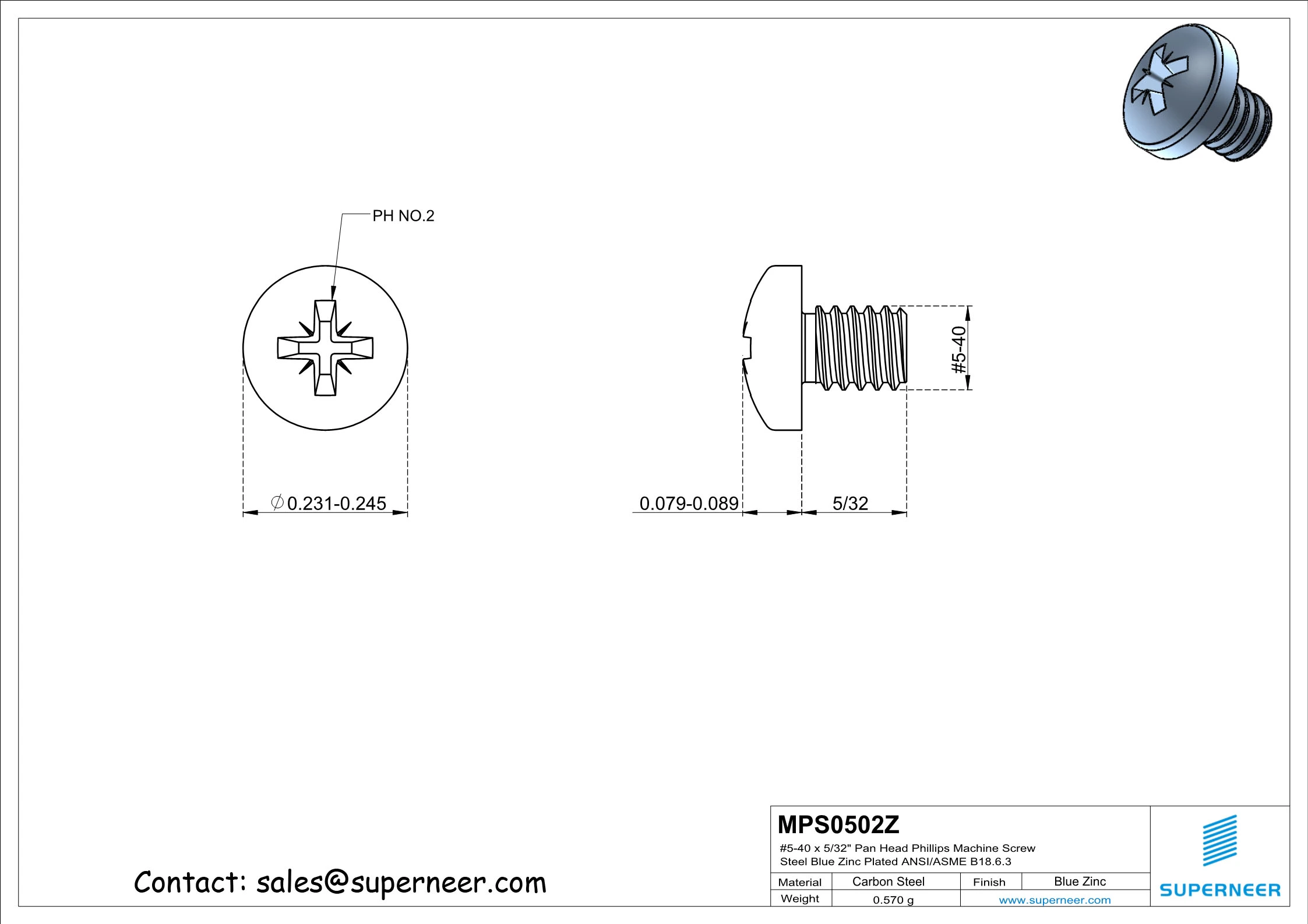 5-40 x 5/32" Pan Head Pozi Machine Screw Steel Blue Zinc Plated ANSI/ASME B18.6.3