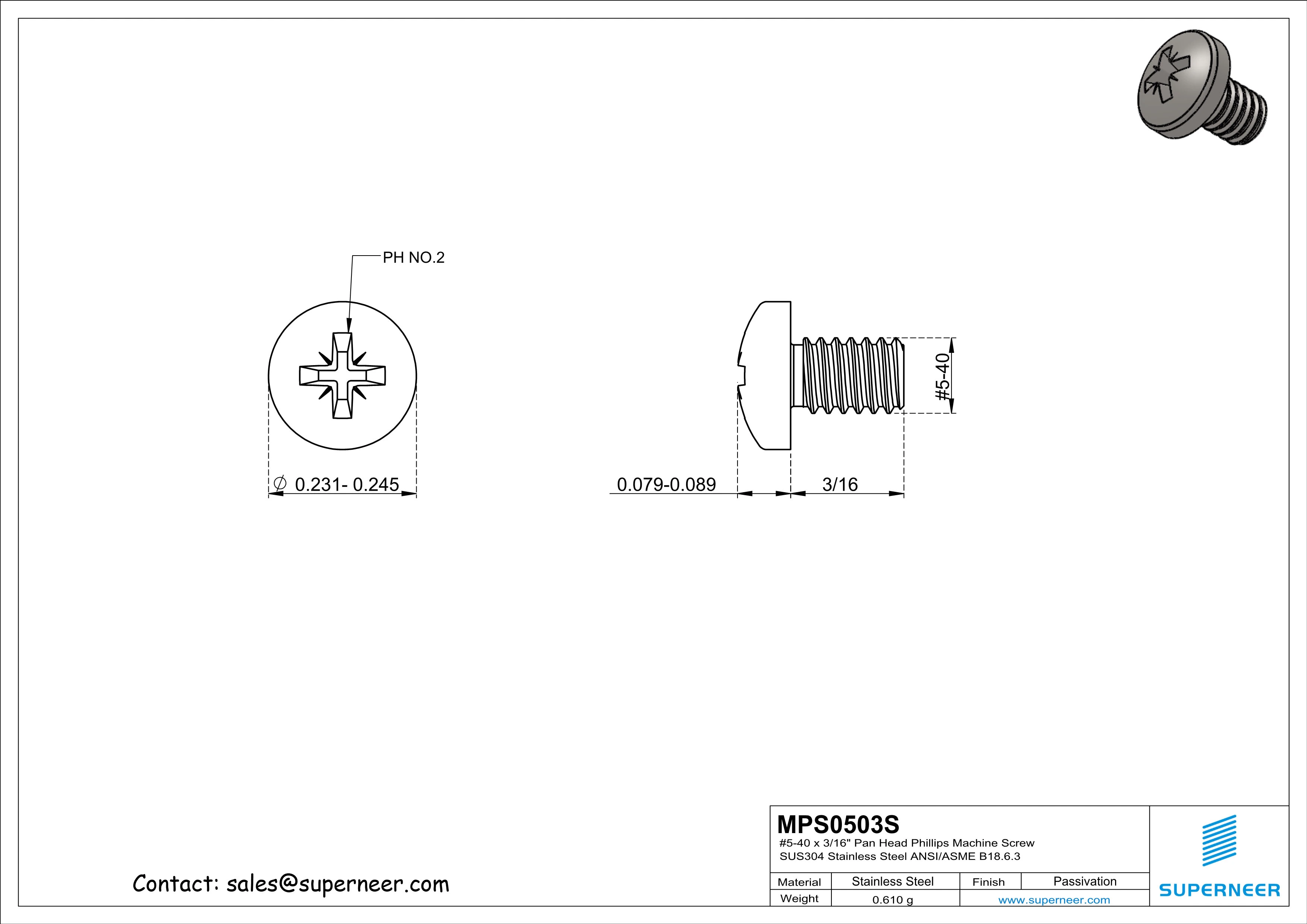 5-40 x 3/16" Pan Head Pozi Machine Screw SUS304 Stainless Steel Inox ANSI/ASME B18.6.3