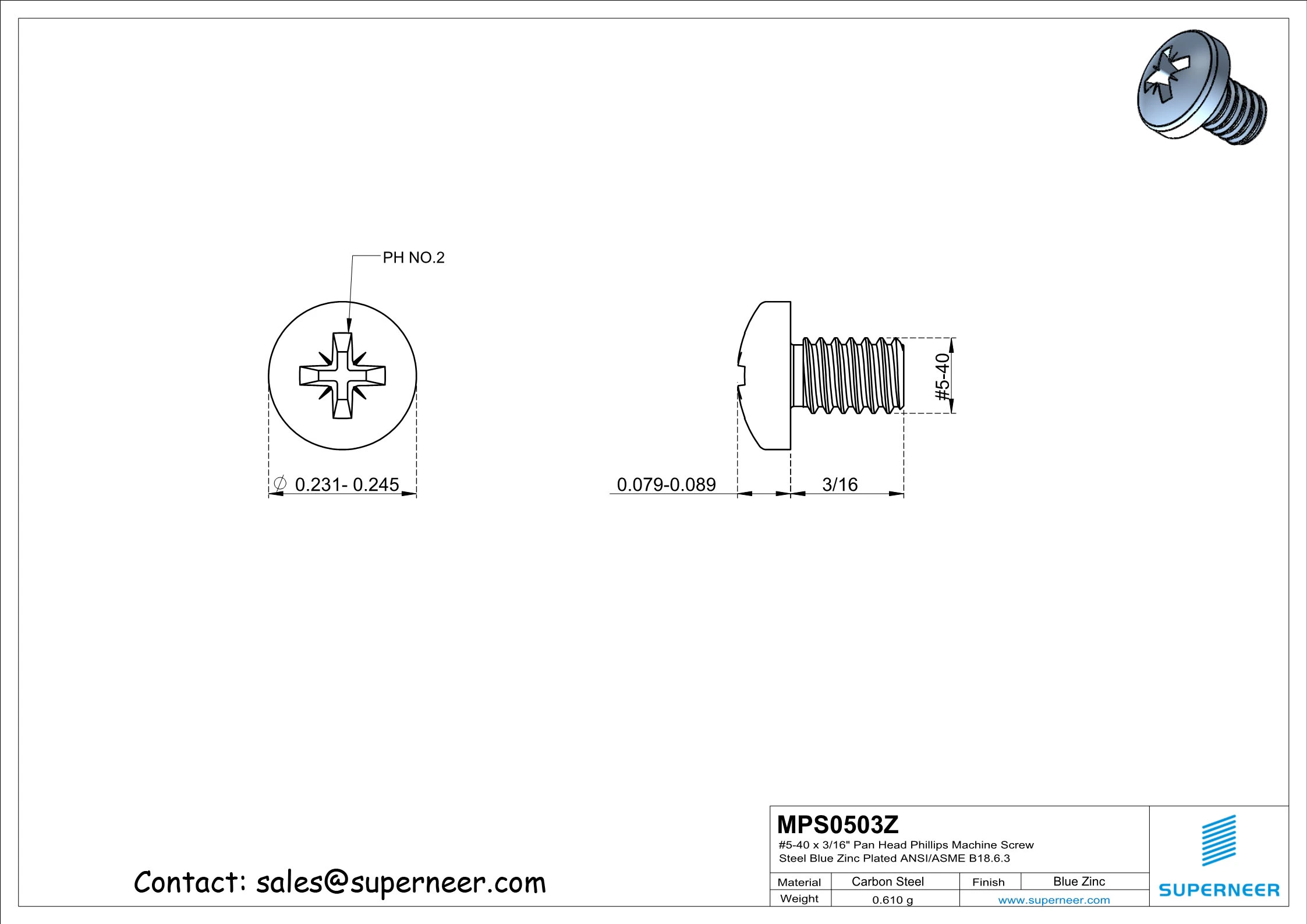5-40 x 3/16" Pan Head Pozi Machine Screw Steel Blue Zinc Plated ANSI/ASME B18.6.3