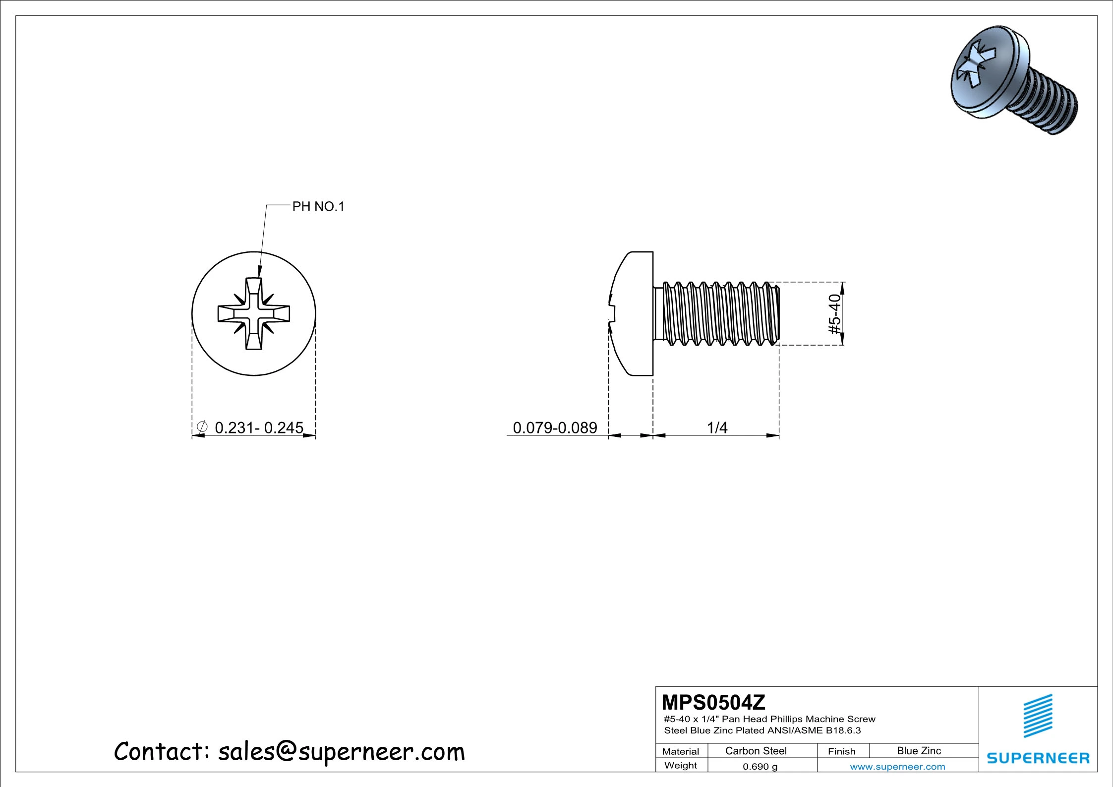 5-40 x 1/4" Pan Head Pozi Machine Screw Steel Blue Zinc Plated ANSI/ASME B18.6.3