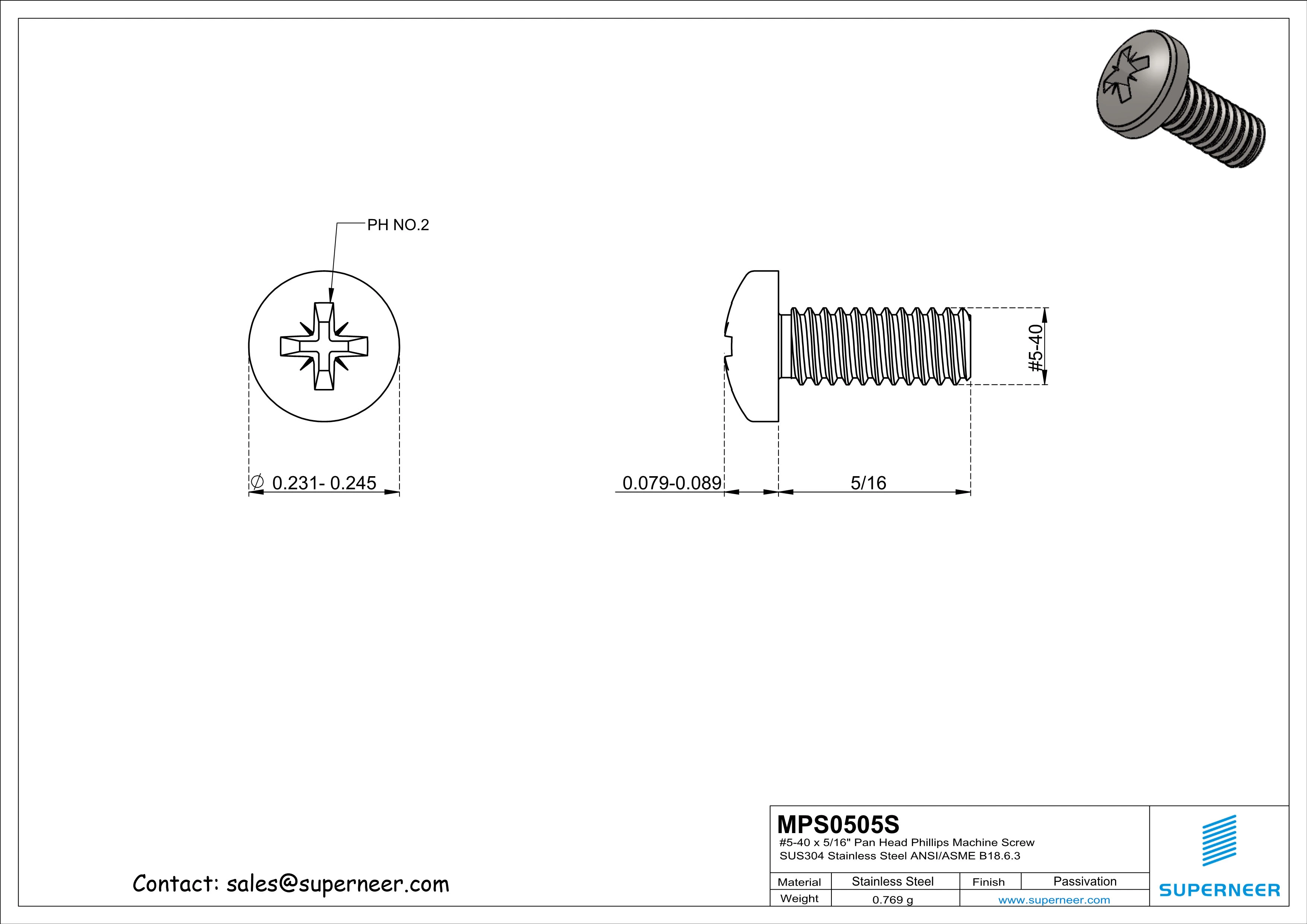 5-40 x 5/16" Pan Head Pozi Machine Screw SUS304 Stainless Steel Inox ANSI/ASME B18.6.3