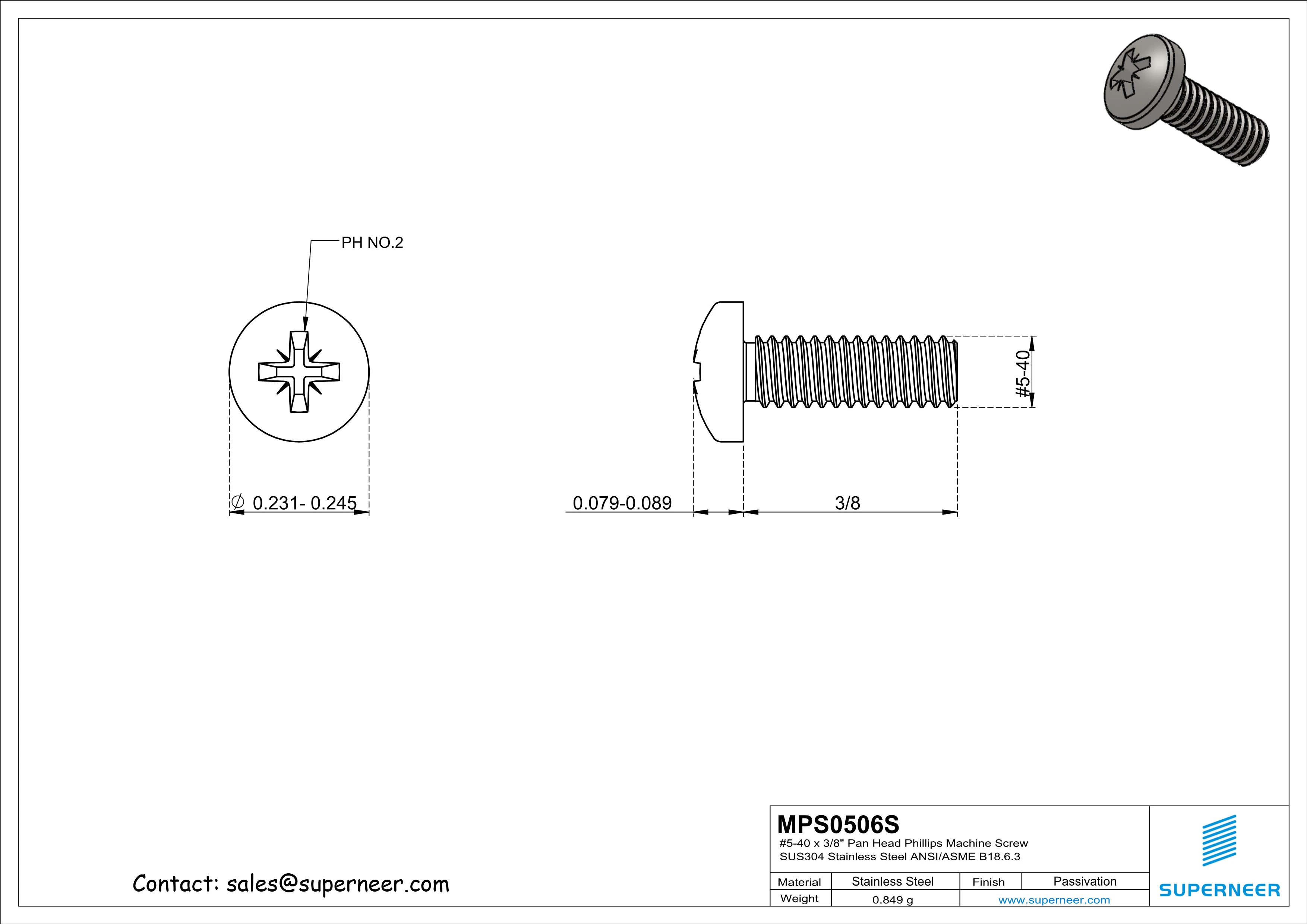 5-40 x 3/8" Pan Head Pozi Machine Screw SUS304 Stainless Steel Inox ANSI/ASME B18.6.3