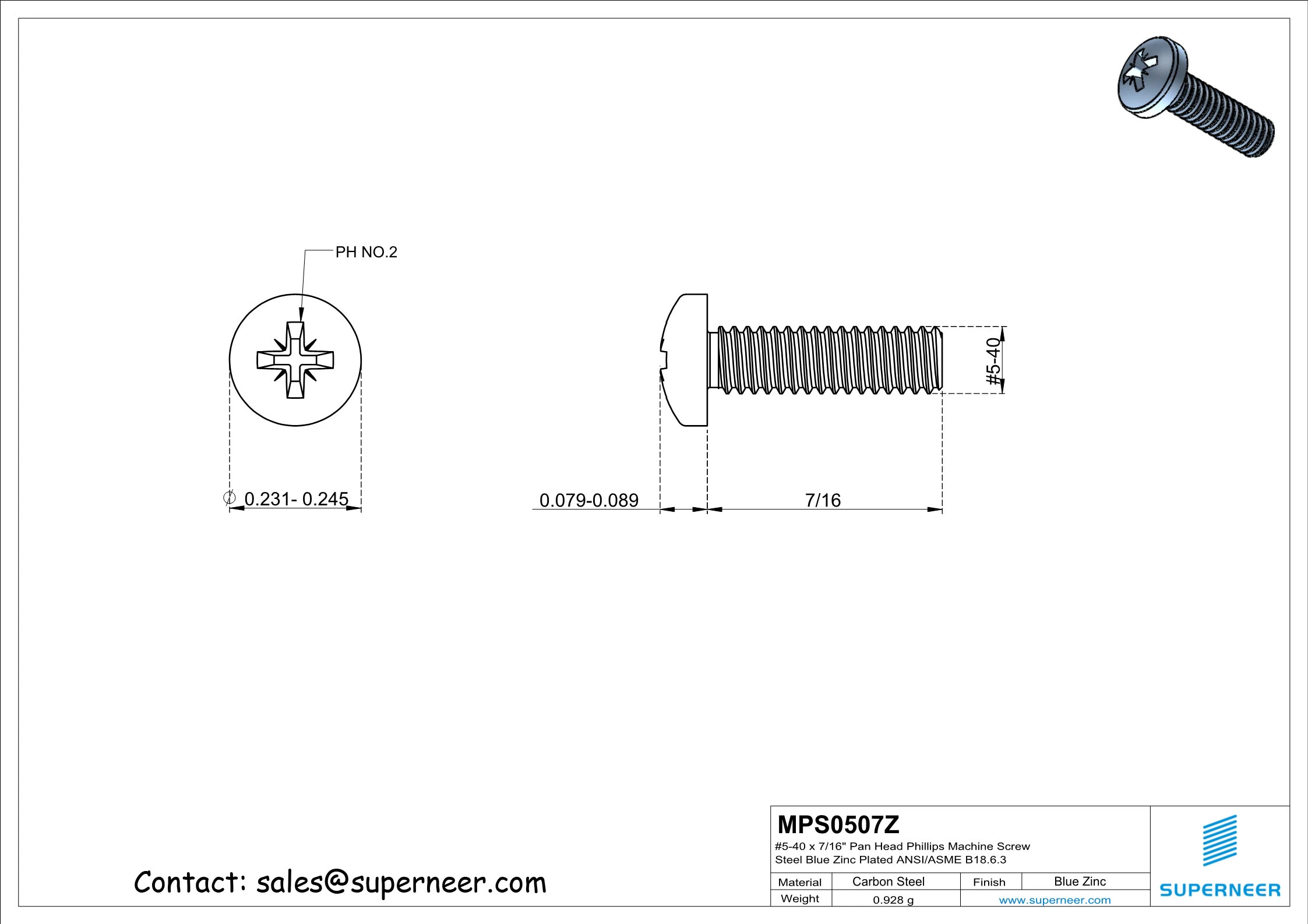 5-40 x 7/16" Pan Head Pozi Machine Screw Steel Blue Zinc Plated ANSI/ASME B18.6.3