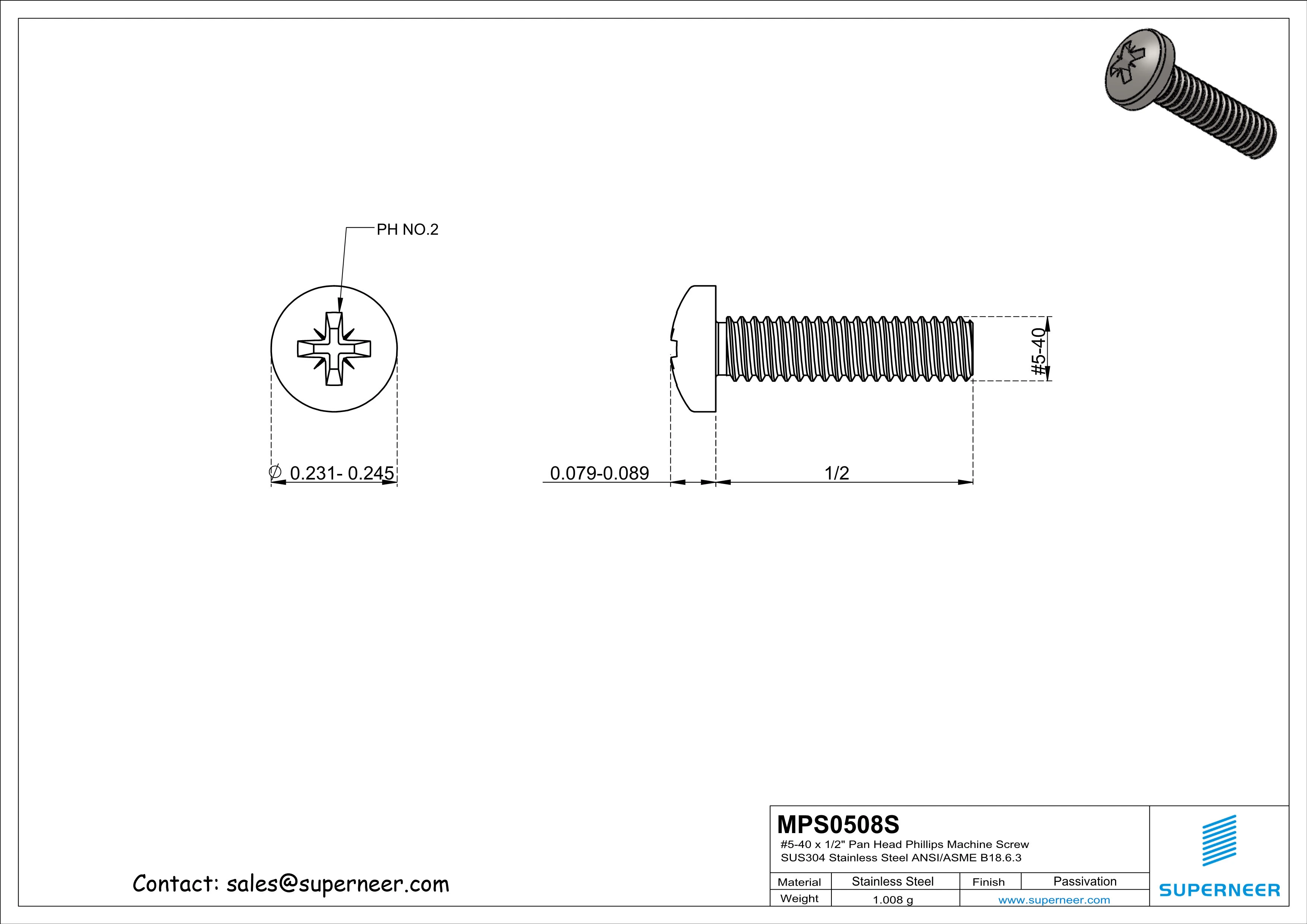 5-40 x 1/2" Pan Head Pozi Machine Screw SUS304 Stainless Steel Inox ANSI/ASME B18.6.3