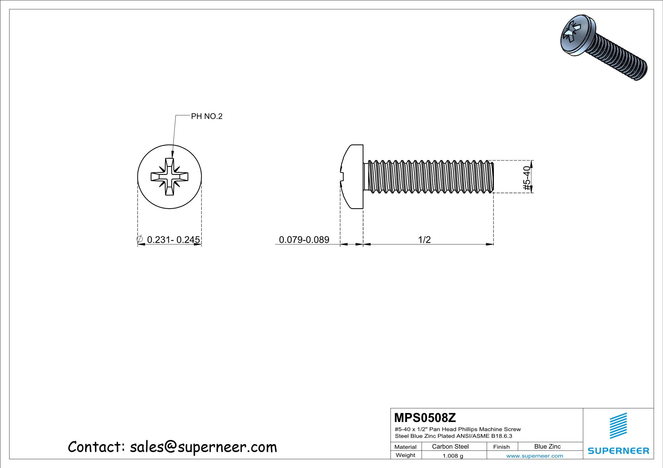 5-40 x 1/2" Pan Head Pozi Machine Screw Steel Blue Zinc Plated ANSI/ASME B18.6.3