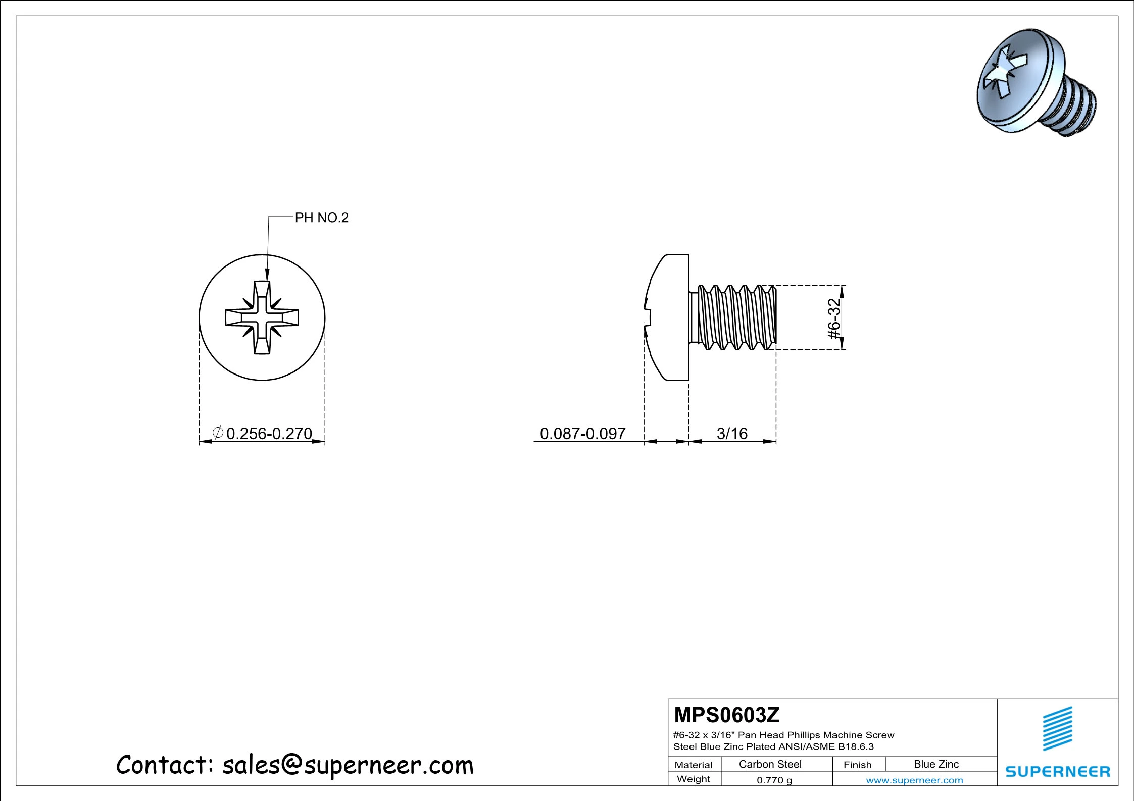 6-32 x 3/16" Pan Head Pozi Machine Screw Steel Blue Zinc Plated ANSI/ASME B18.6.3