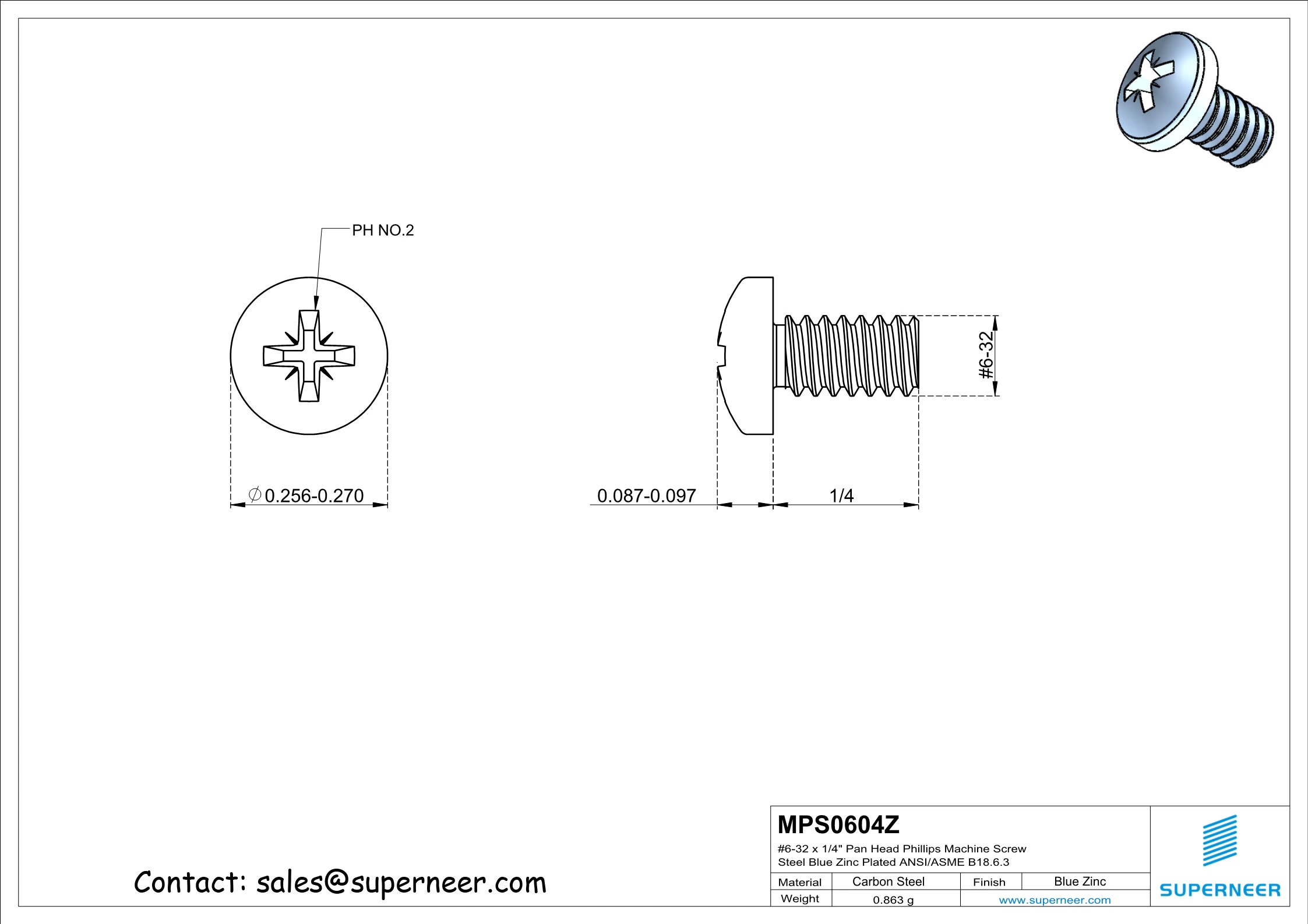 6-32 x 1/4" Pan Head Pozi Machine Screw Steel Blue Zinc Plated ANSI/ASME B18.6.3
