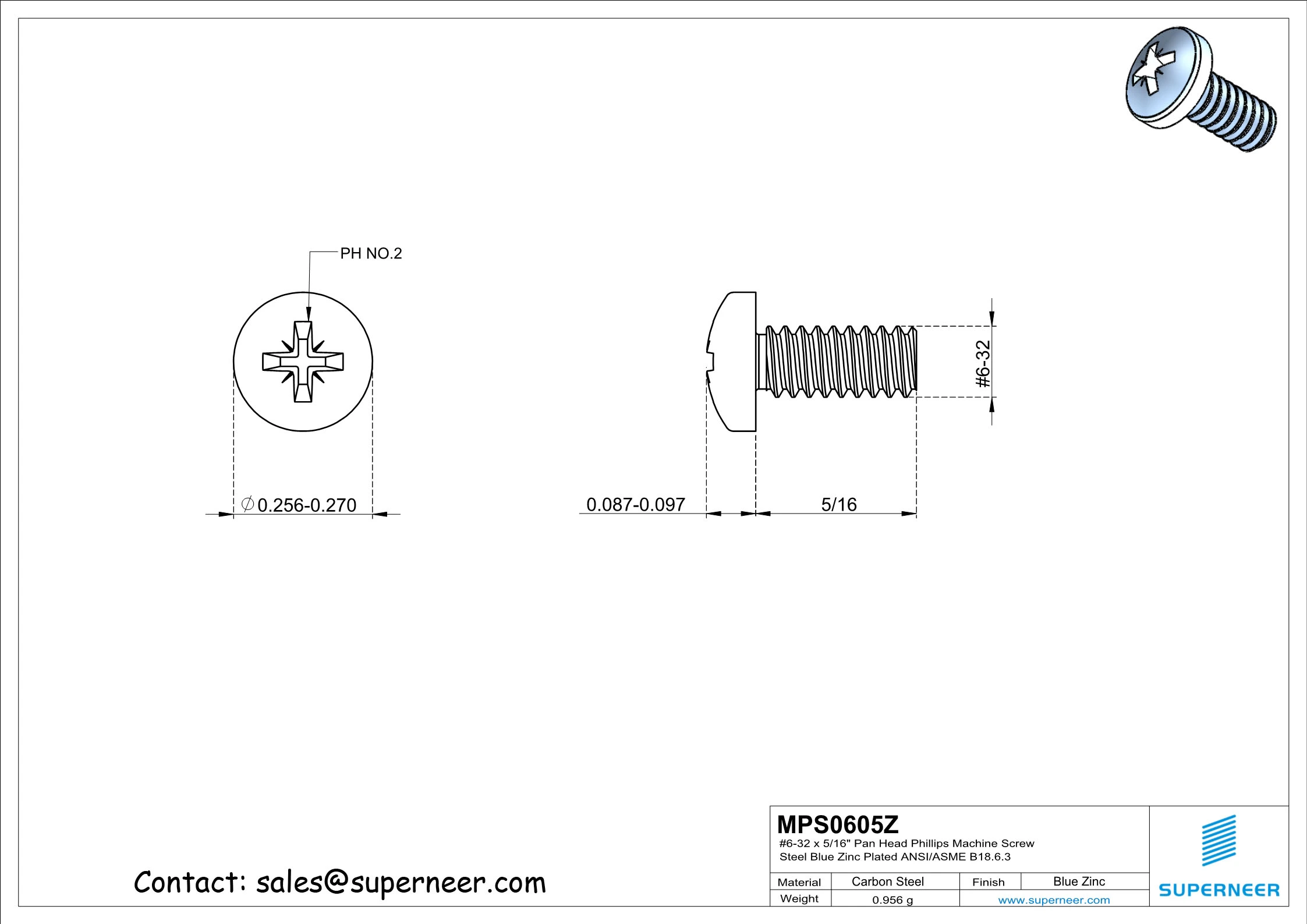 6-32 x 5/16" Pan Head Pozi Machine Screw Steel Blue Zinc Plated ANSI/ASME B18.6.3
