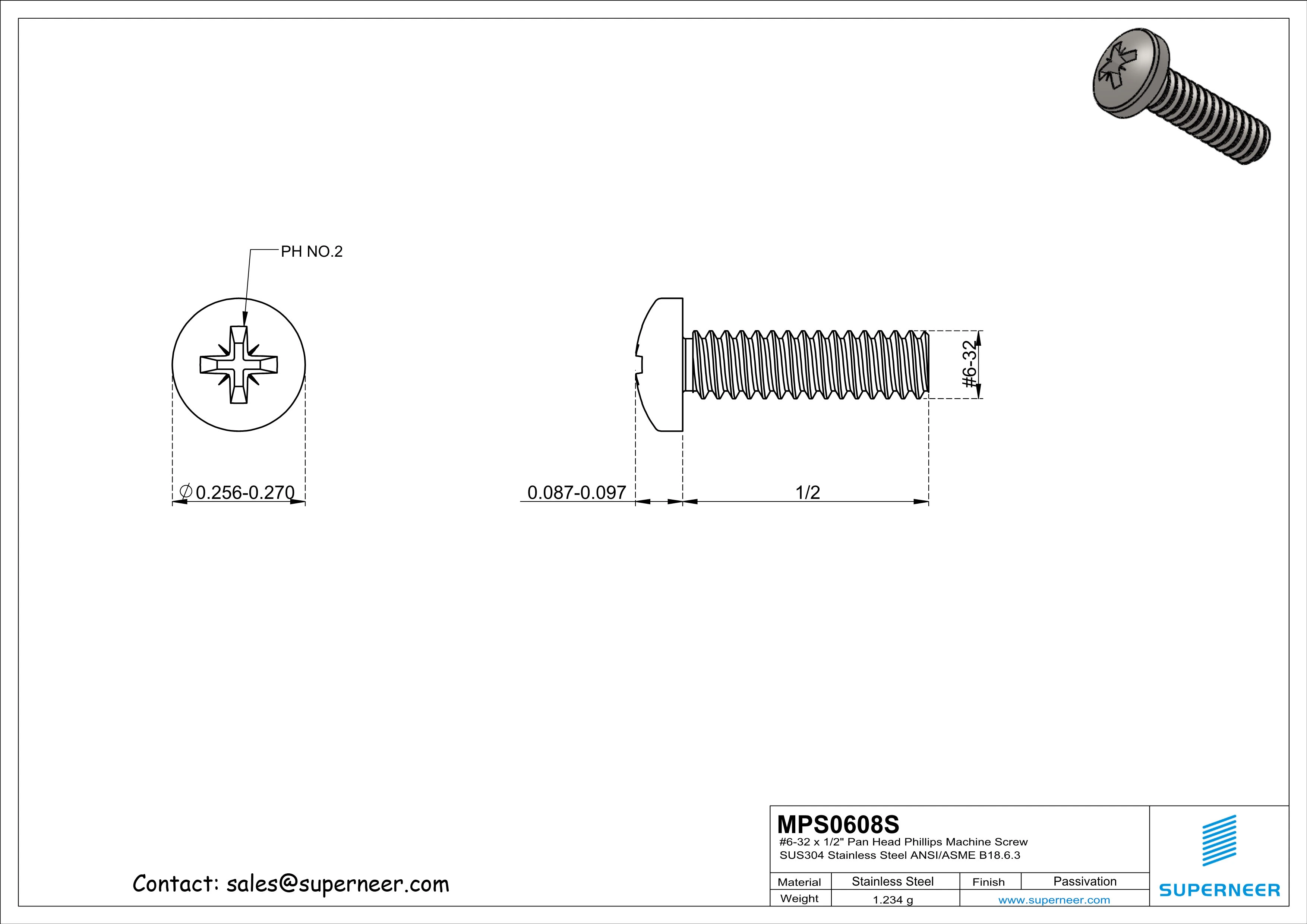 6-32 x 1/2" Pan Head Pozi Machine Screw SUS304 Stainless Steel Inox ANSI/ASME B18.6.3