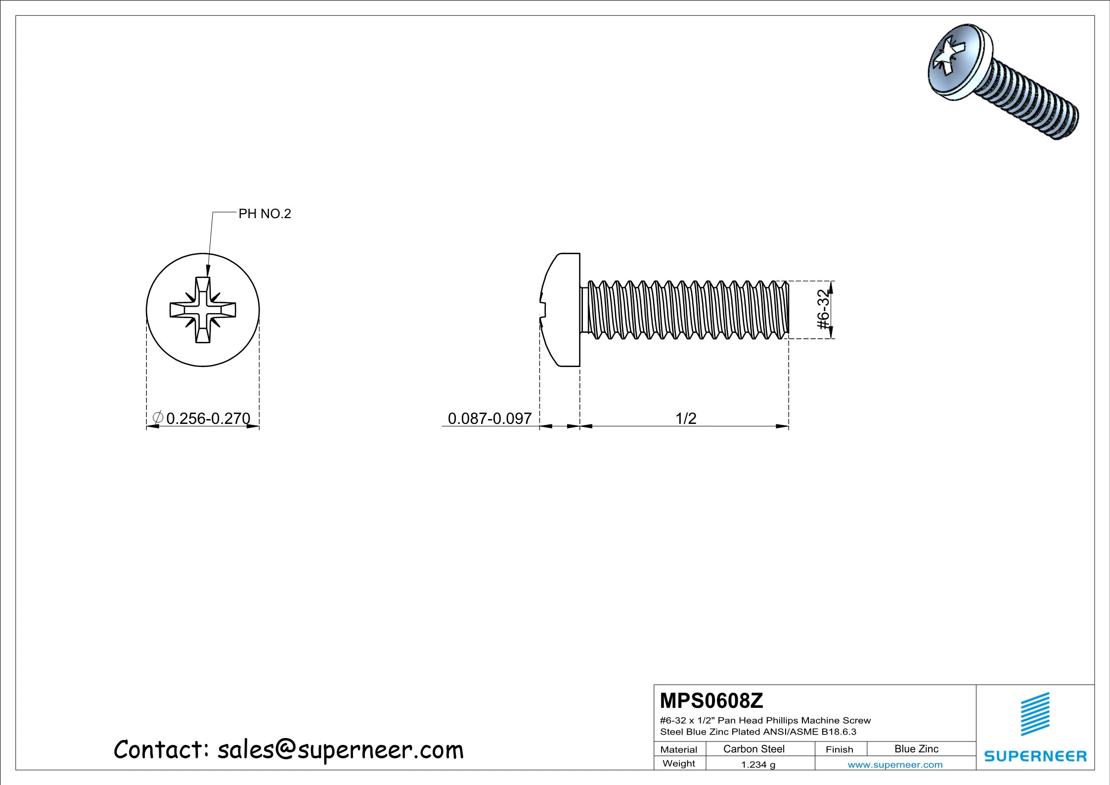 6-32 x 1/2" Pan Head Pozi Machine Screw Steel Blue Zinc Plated ANSI/ASME B18.6.3
