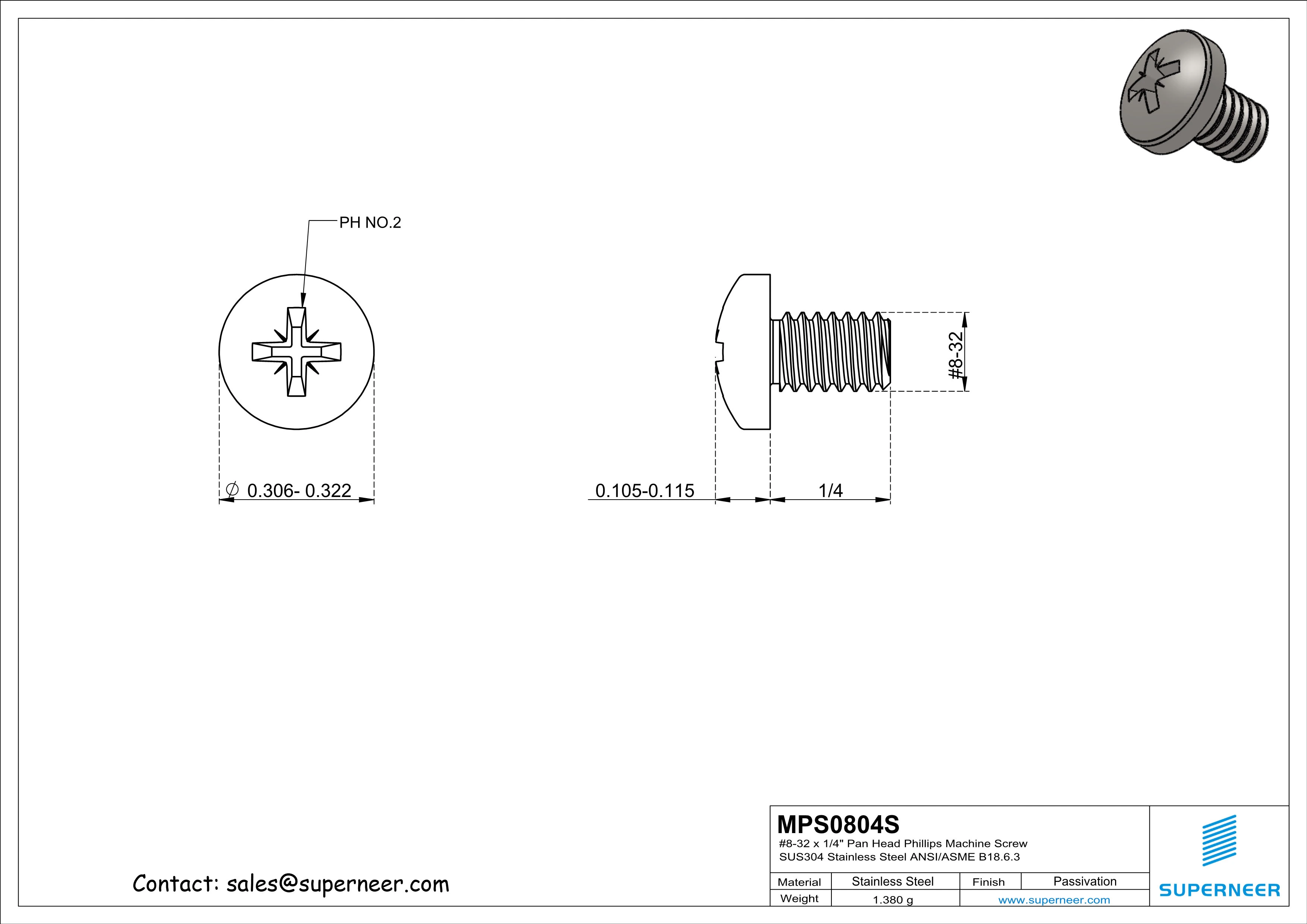 8-32 x 1/4" Pan Head Pozi Machine Screw SUS304 Stainless Steel Inox ANSI/ASME B18.6.3