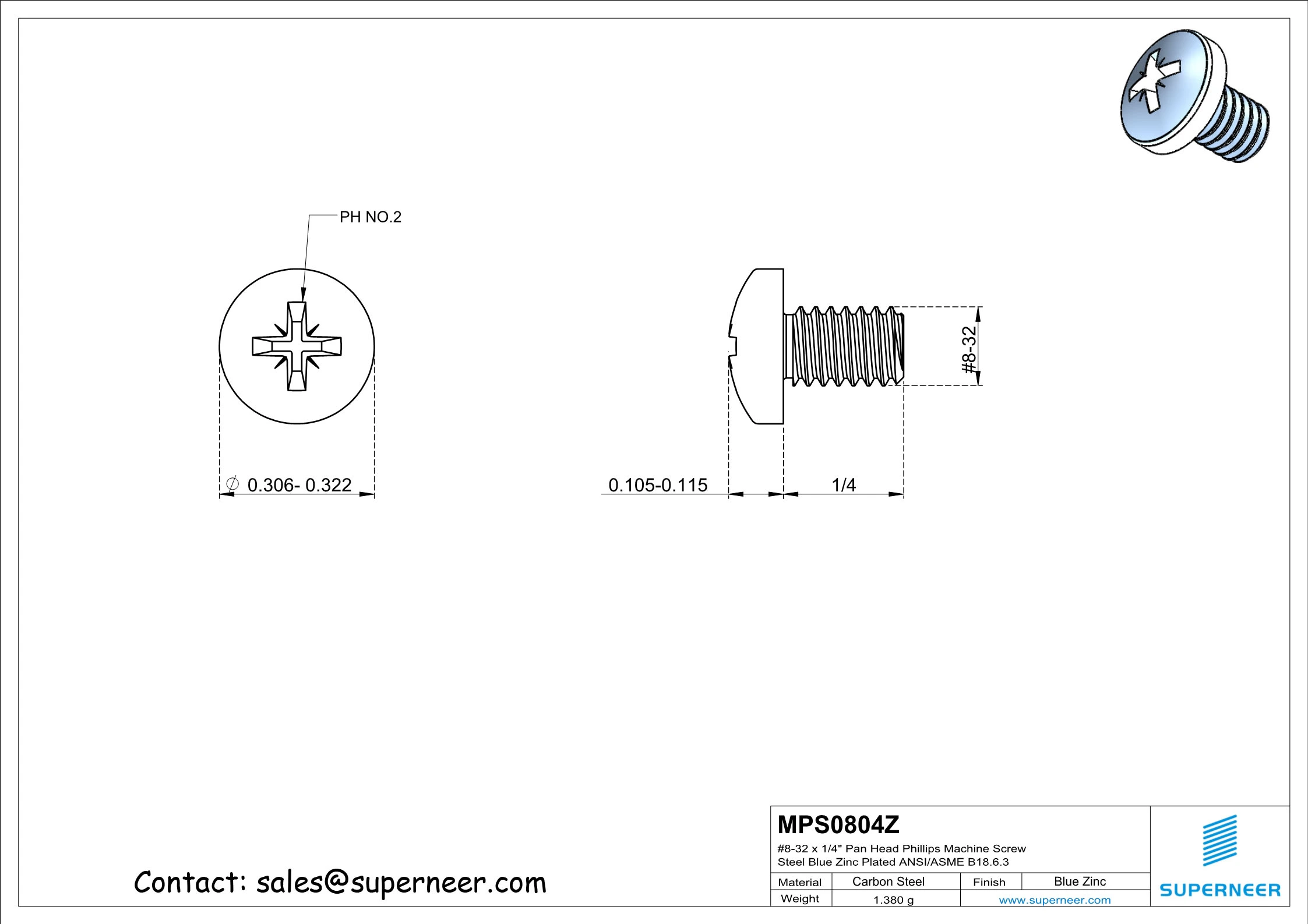 8-32 x 1/4" Pan Head Pozi Machine Screw Steel Blue Zinc Plated ANSI/ASME B18.6.3