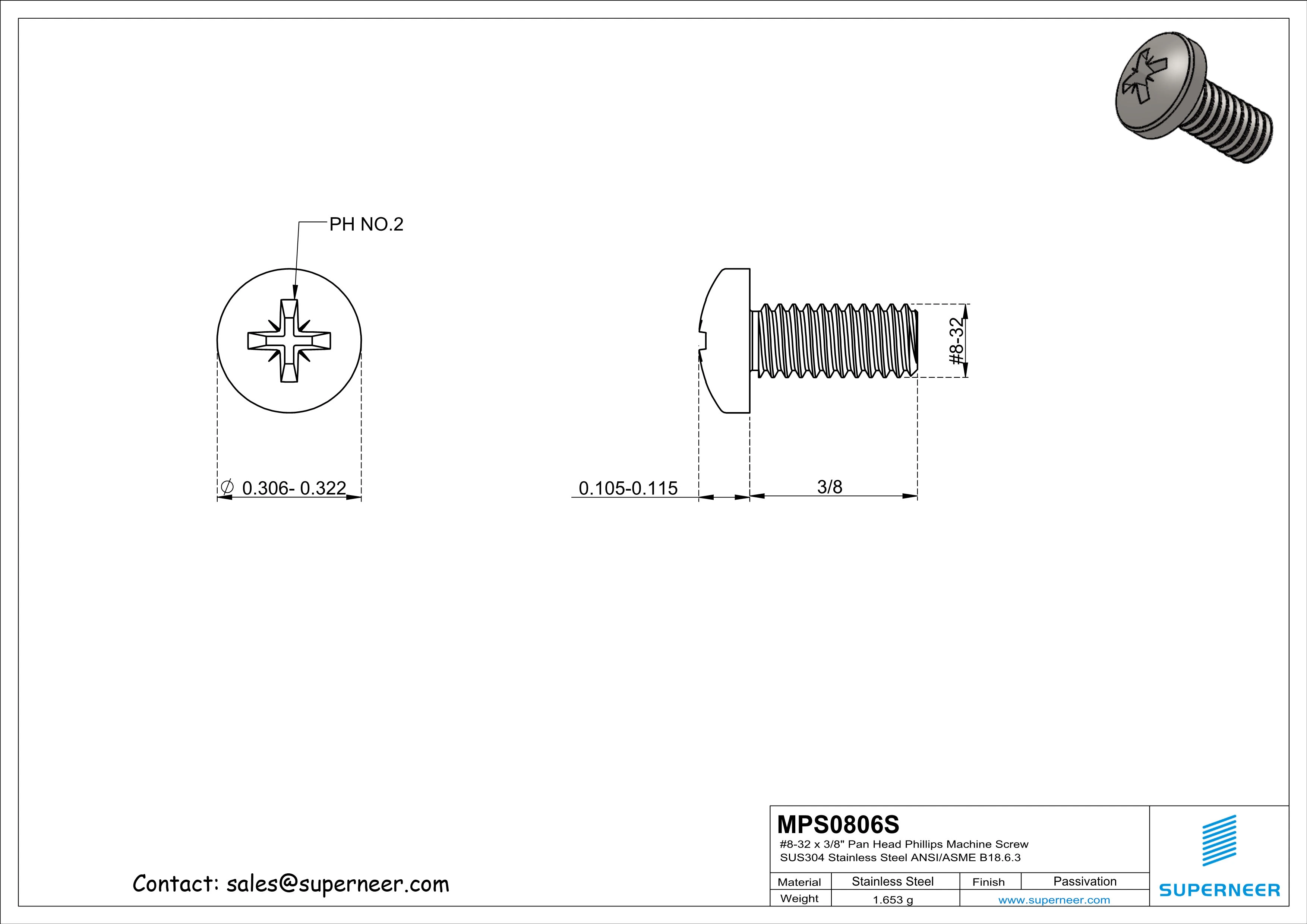 8-32 x 3/8" Pan Head Pozi Machine Screw SUS304 Stainless Steel Inox ANSI/ASME B18.6.3