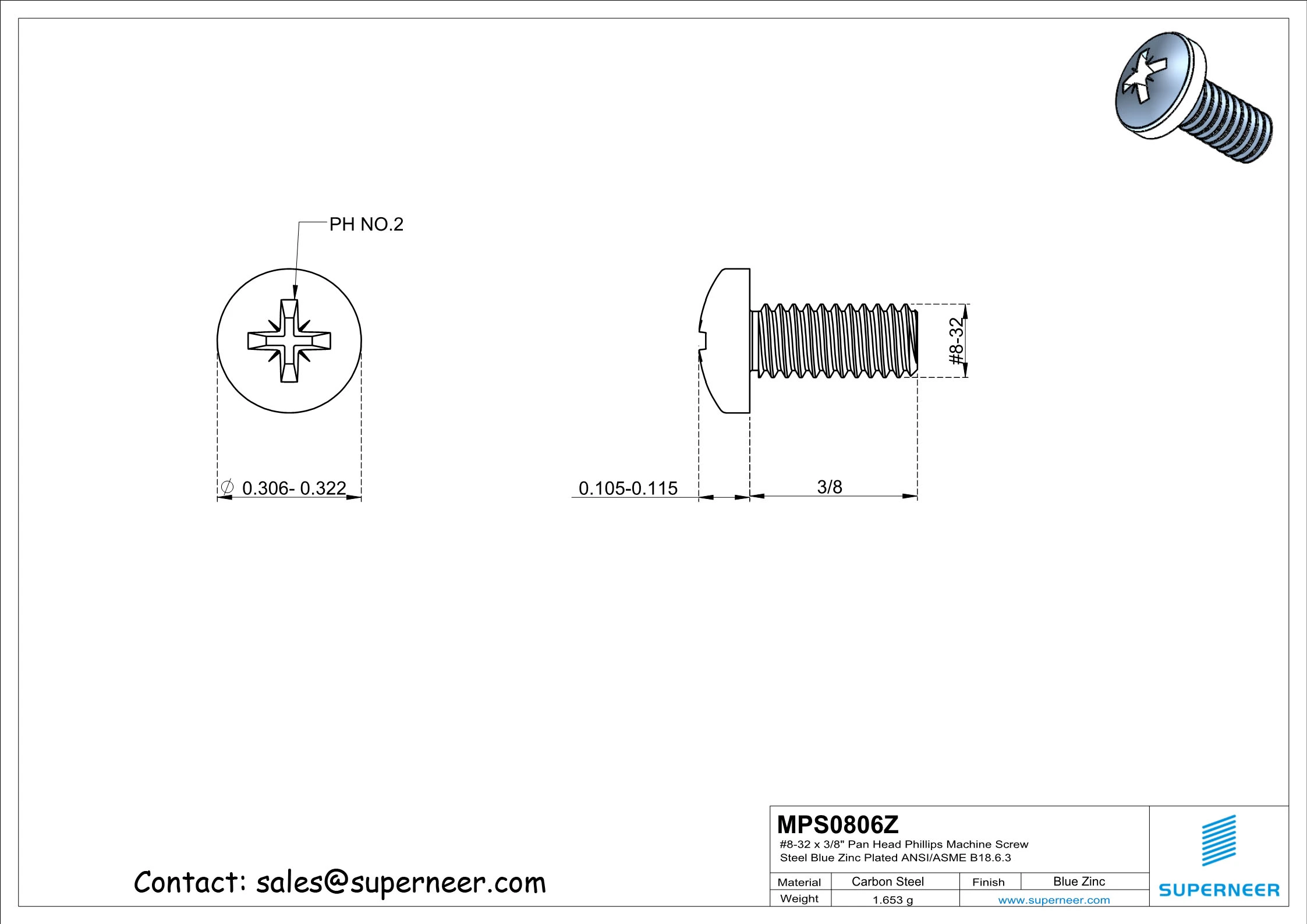 8-32 x 3/8" Pan Head Pozi Machine Screw Steel Blue Zinc Plated ANSI/ASME B18.6.3