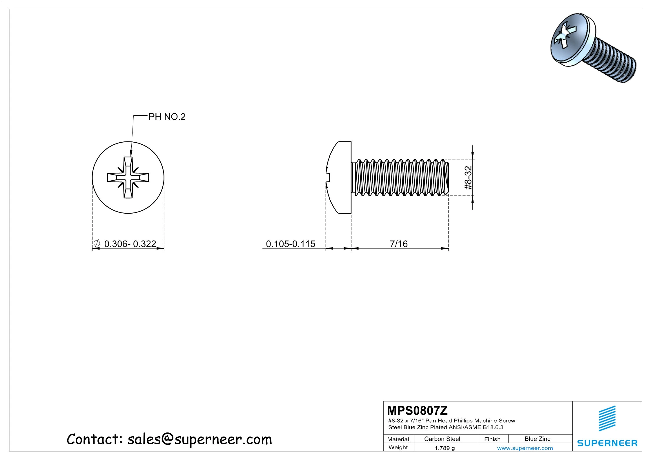 8-32 x 7/16" Pan Head Pozi Machine Screw Steel Blue Zinc Plated ANSI/ASME B18.6.3