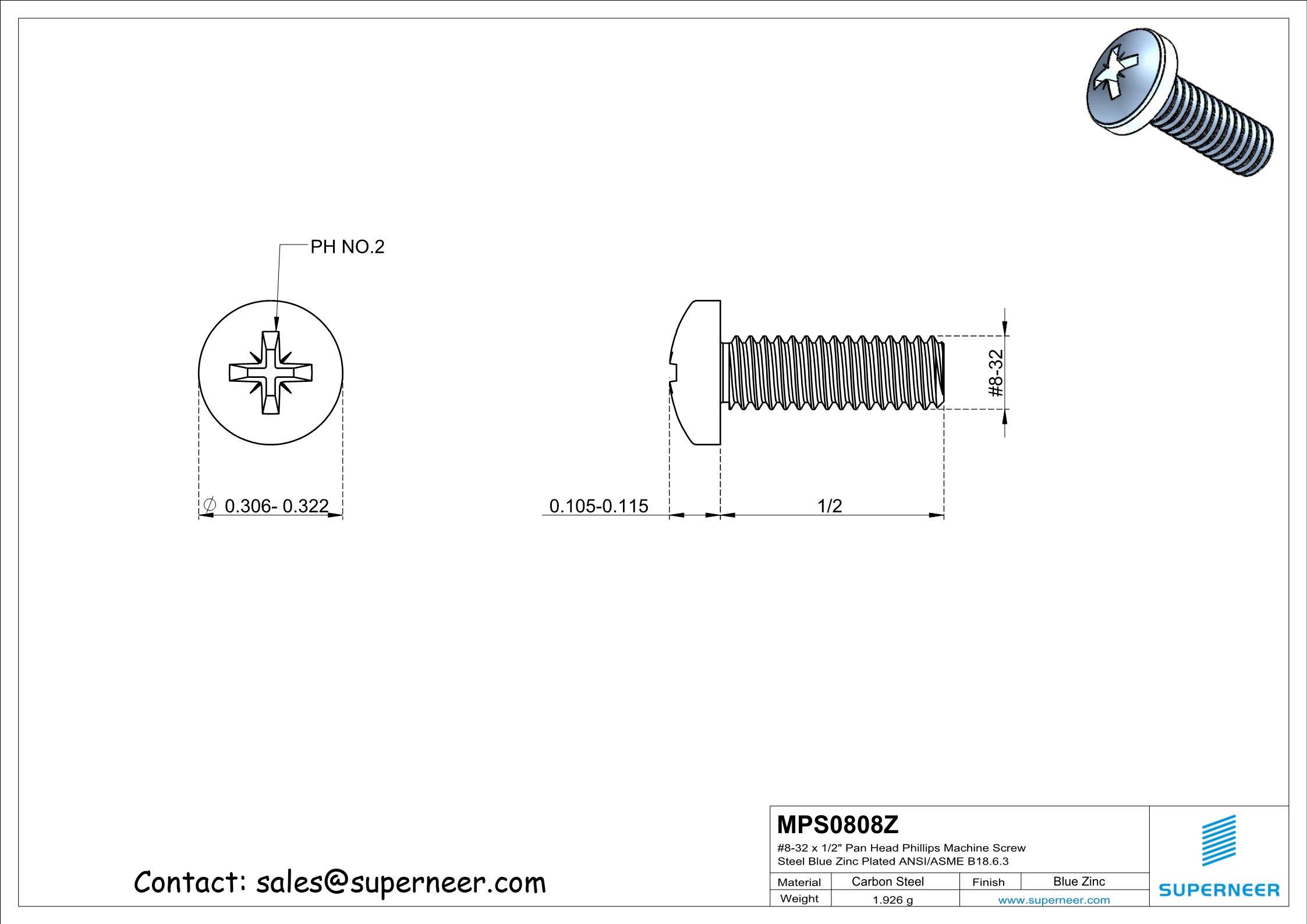 8-32 x 1/2" Pan Head Pozi Machine Screw Steel Blue Zinc Plated ANSI/ASME B18.6.3