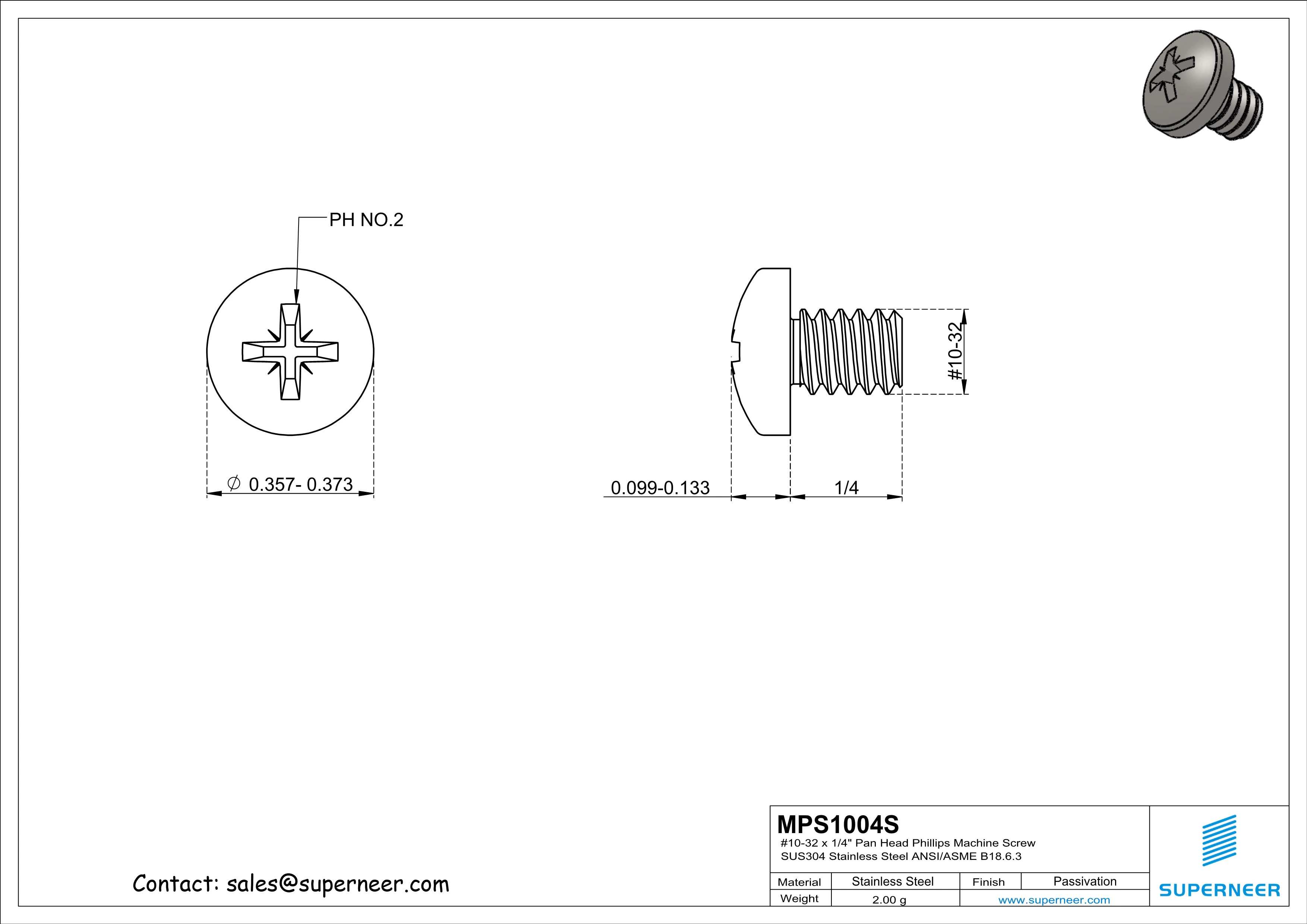 10-32 x 1/4" Pan Head Pozi Machine Screw SUS304 Stainless Steel Inox ANSI/ASME B18.6.3
