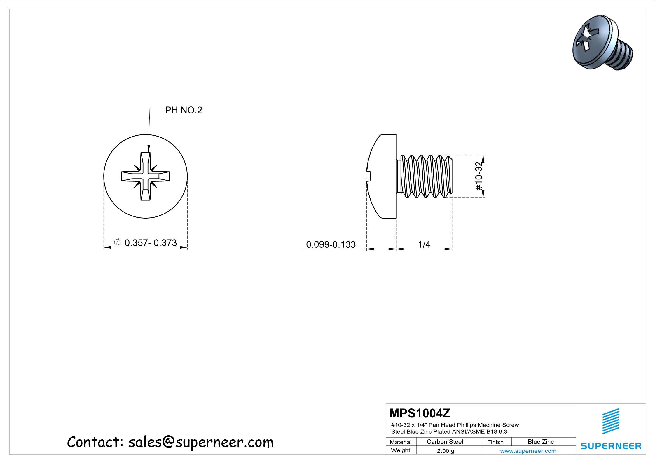 10-32 x 1/4" Pan Head Pozi Machine Screw Steel Blue Zinc Plated ANSI/ASME B18.6.3