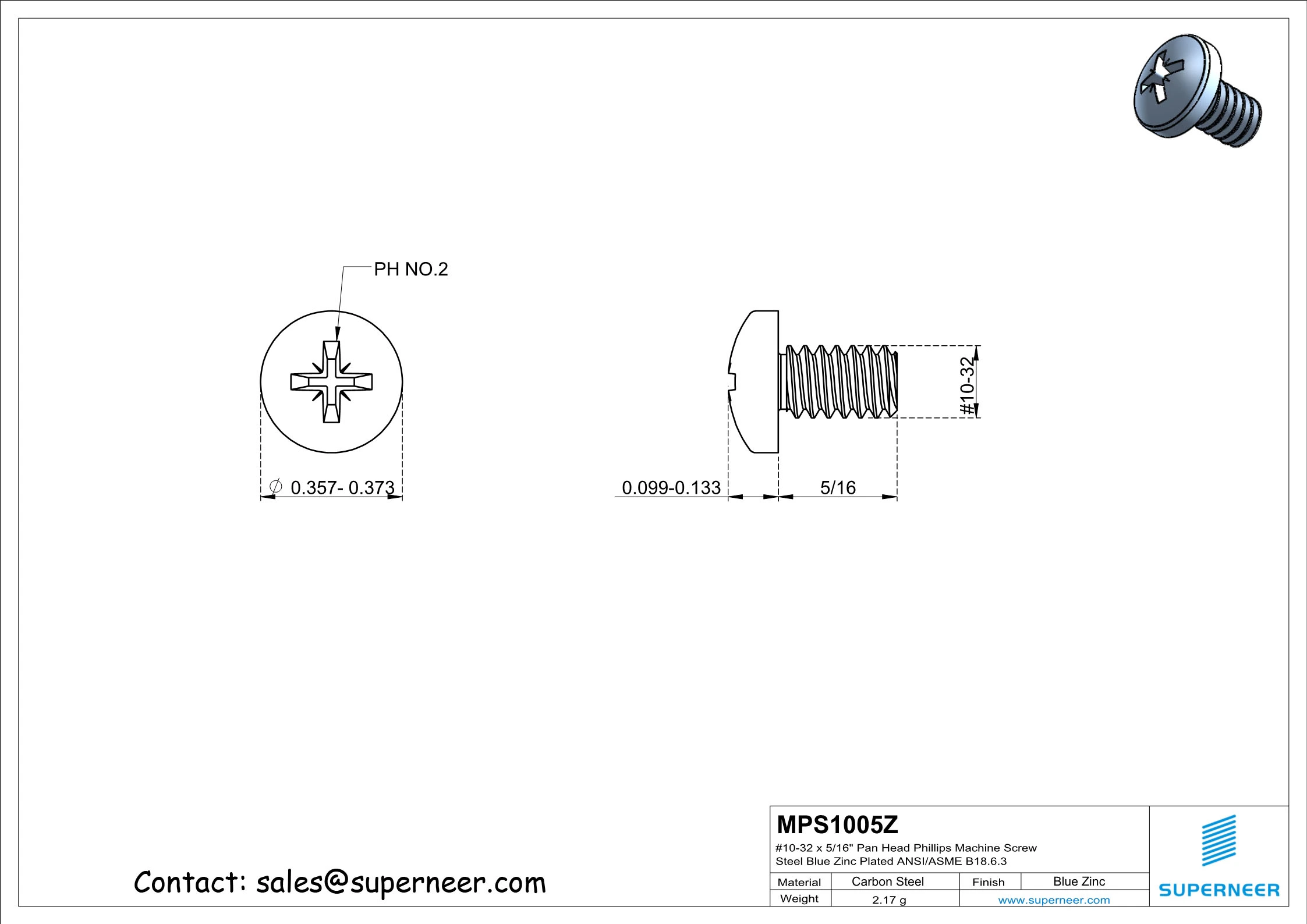10-32 x 5/16" Pan Head Pozi Machine Screw Steel Blue Zinc Plated ANSI/ASME B18.6.3