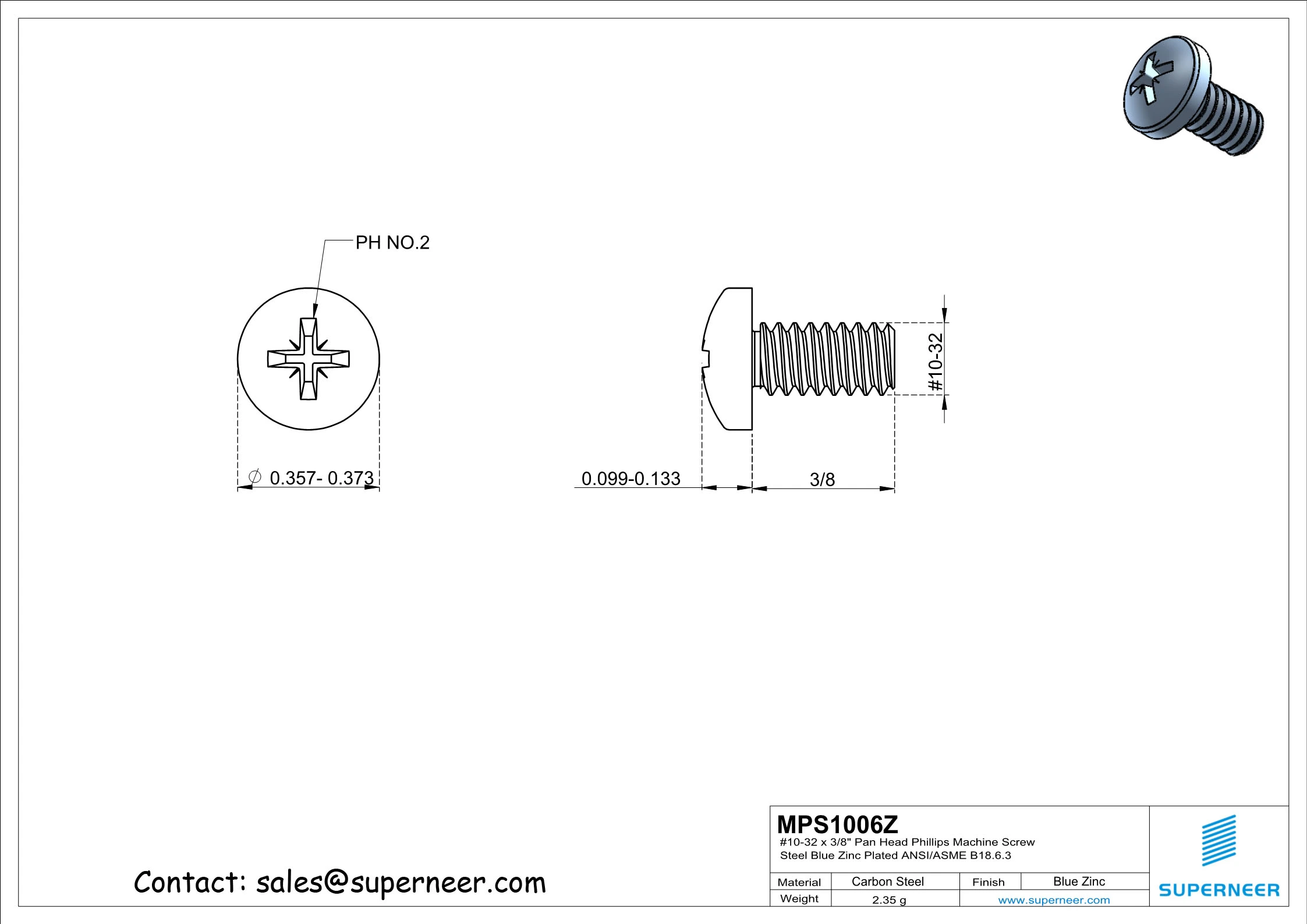 10-32 x 3/8" Pan Head Pozi Machine Screw Steel Blue Zinc Plated ANSI/ASME B18.6.3