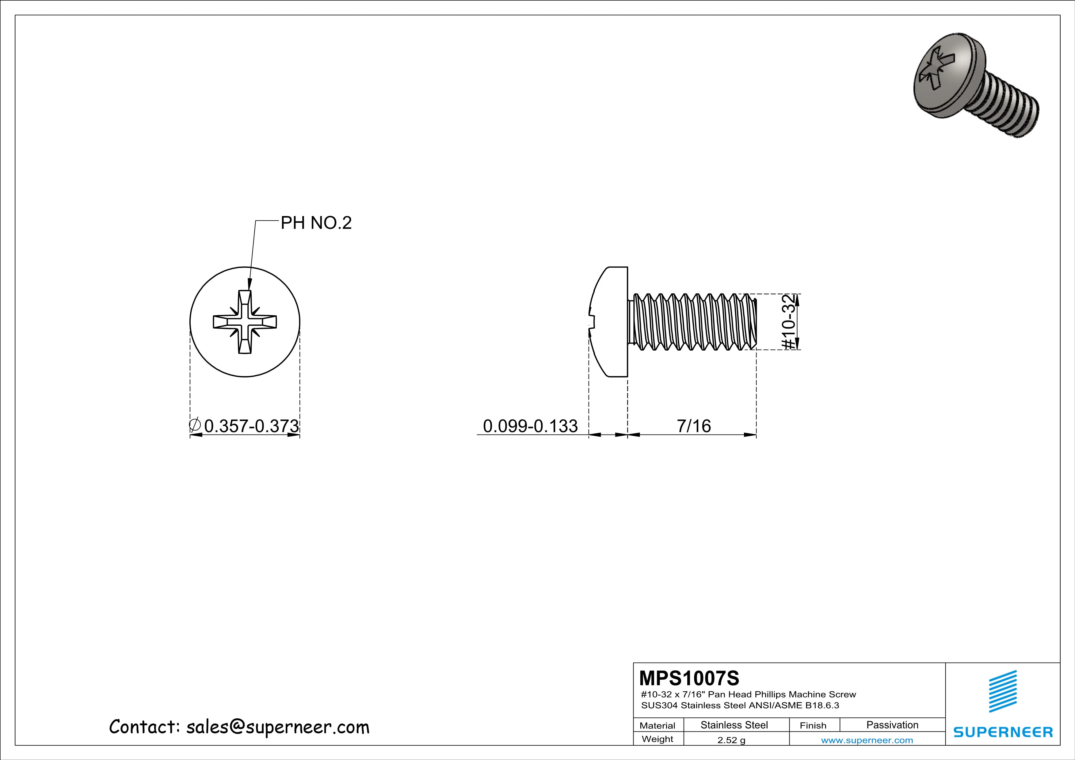 10-32 x 7/16" Pan Head Pozi Machine Screw SUS304 Stainless Steel Inox ANSI/ASME B18.6.3