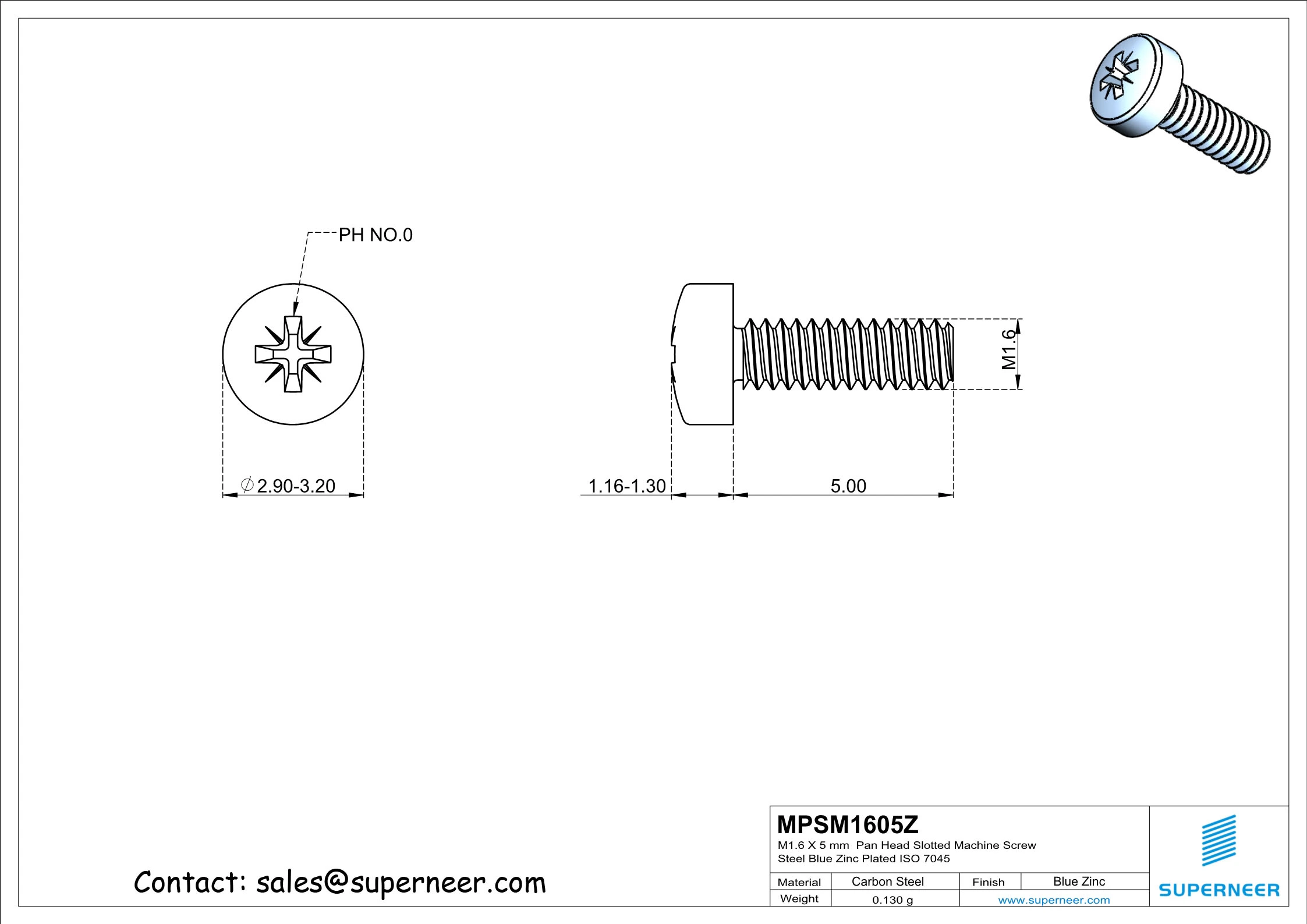 M1.6 x 5 mm Pan Head Pozi Machine Screw Steel Blue Zinc Plated ISO 7045