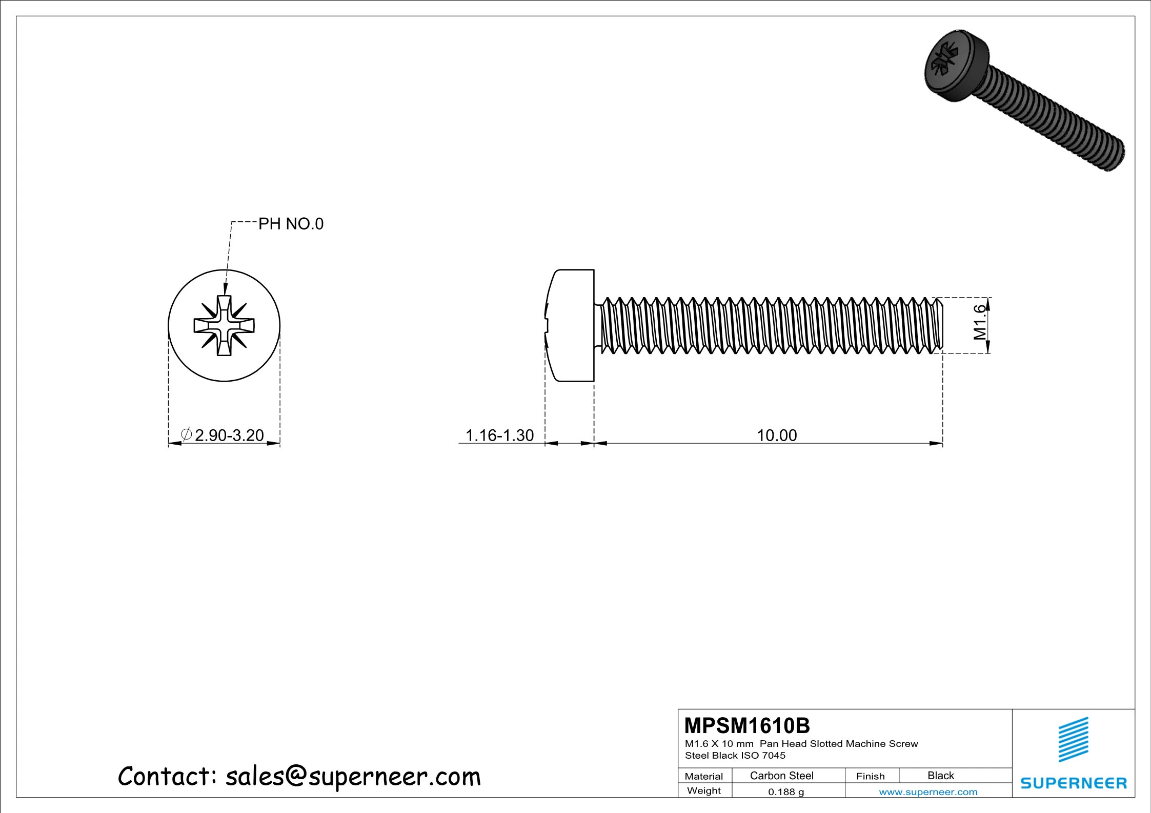 M1.6 x 10 mm Pan Head Pozi Machine Screw Steel Black ISO 7045